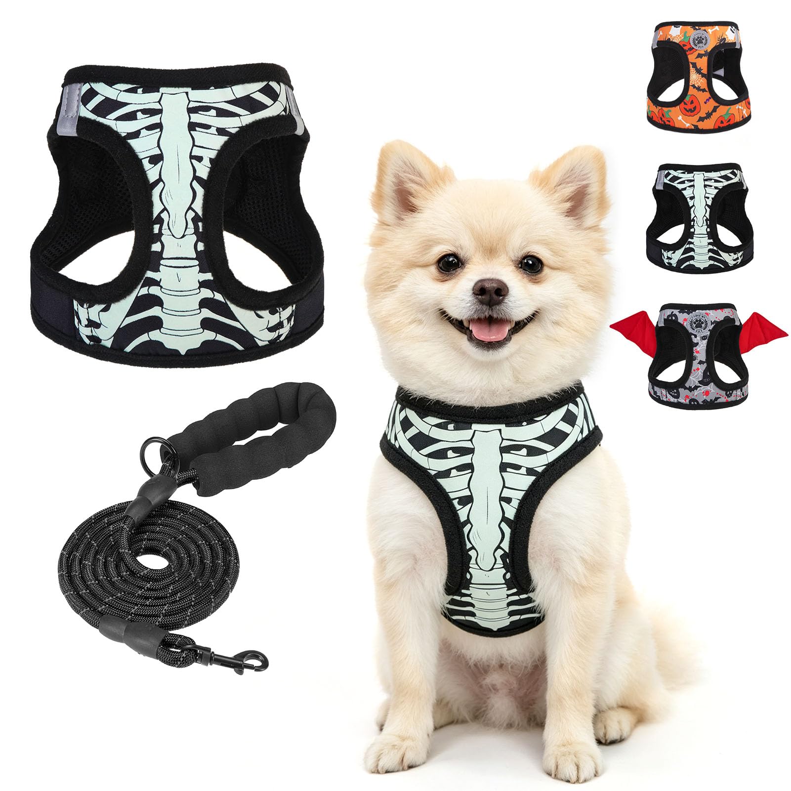 BEAUTYZOO Small Dog Harness and Leash Set,Step in No Choke No Pull Soft Mesh Dog Harnesses Reflective for Extra-Small/Small Medium Puppy Dogs and Cats,Halloween Black M
