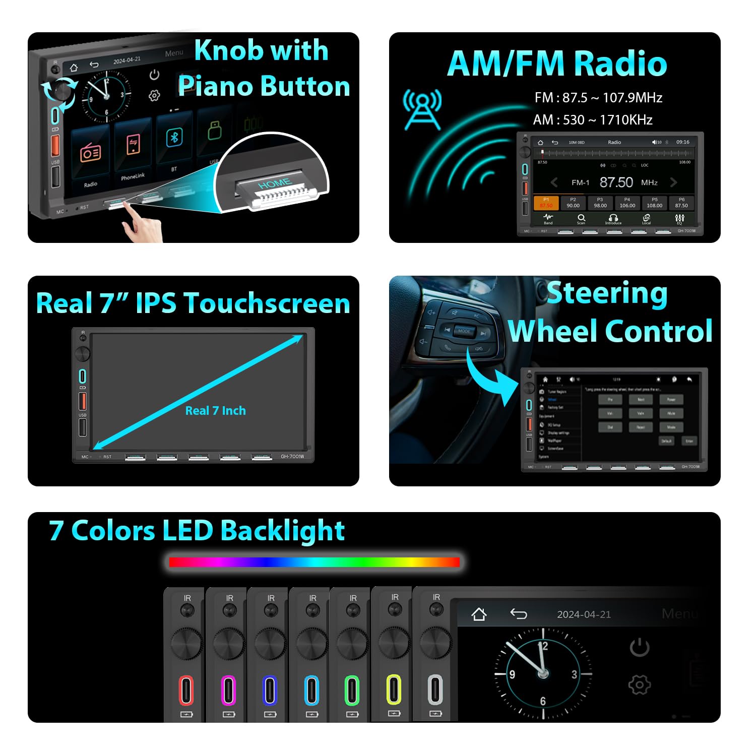 Autoradio Bluetooth 2Din mit 7" Bildschirm Wireless CarPlay