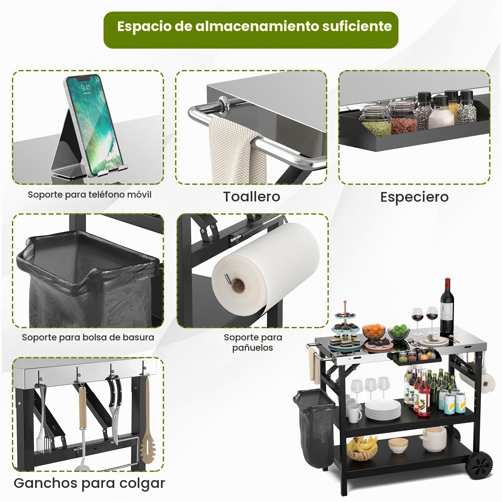 KOMFOTTEU Carro Barbacoa de 3 Niveles, Carrito Auxiliar con 2 Ruedas de Metal, Carro para Parrilla con Estante Ajustable, Mesa de Trabajo con Toallero y Portabolsas, 106 x 52 x 84 cm, Negro