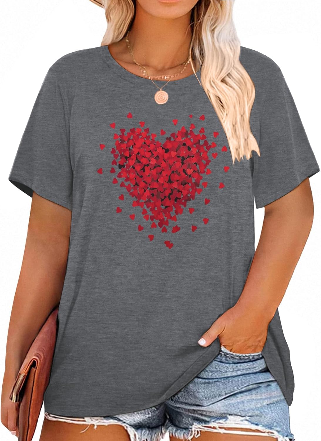 HDLTE Womens Plus Size Valentines Shirts Love Heart Graphic Print Short Sleeve Tops Casual Tees Blouse