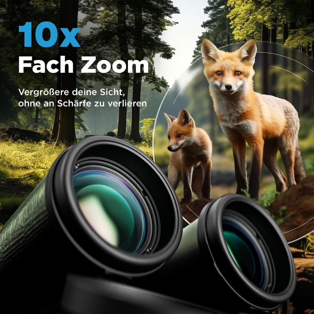 Lornetka 10 x 42 z torbą i akcesoriami (zwycięzca testu) – z wypełnieniem nitrogenowym – kompaktowa i lekka lornetka – wycinarka polowa, wodoodporna, FMC + BAK4, Binocular dla dzieci i