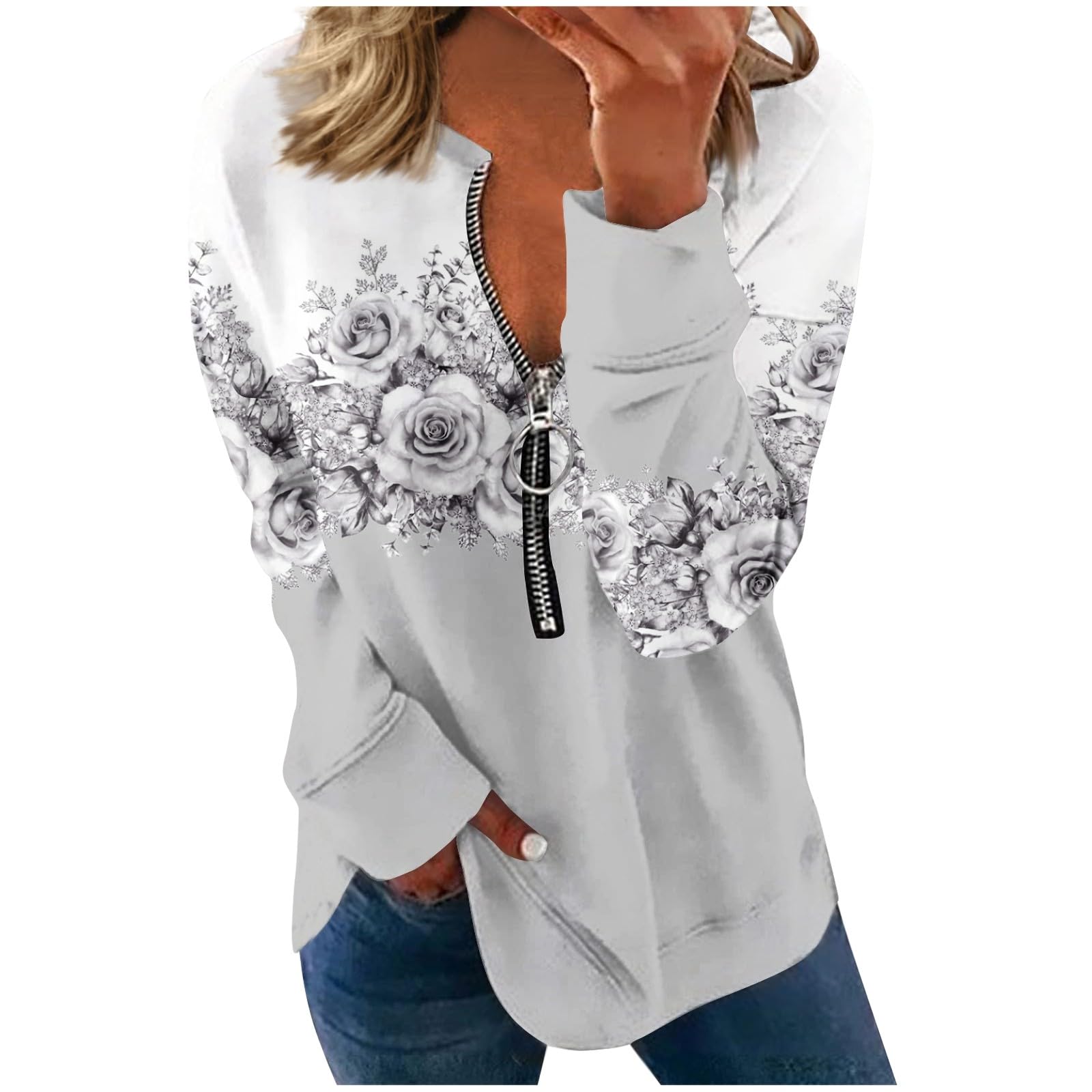 FlekmanArtWomen Sexy Floral Pullover Half Zip Oversized Sweatshirt Fall Lapel Long Sleeve Tops Teen Girl Daily Clothes