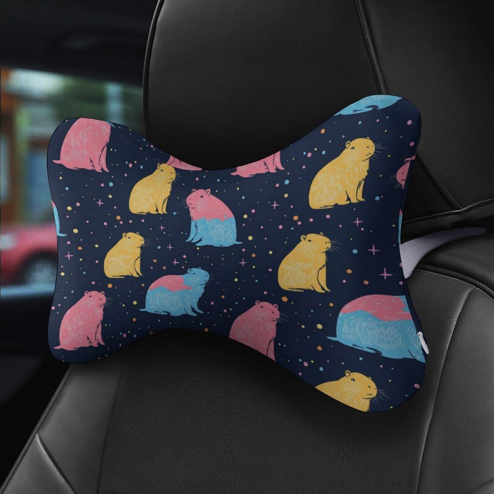 SMAZDFXX Capybara Car Neck Pillow Set of 2 Car Seat Head Support Cushion Bone Pillows with Elastic Strap