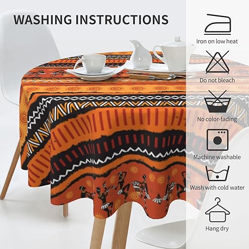 Miniatura 5 de Mantel redondo de 60 pulgadas, tela de poliéster lavable y lavable con estampado tribal de color naranja a rayas para decoración de cocina y hogar