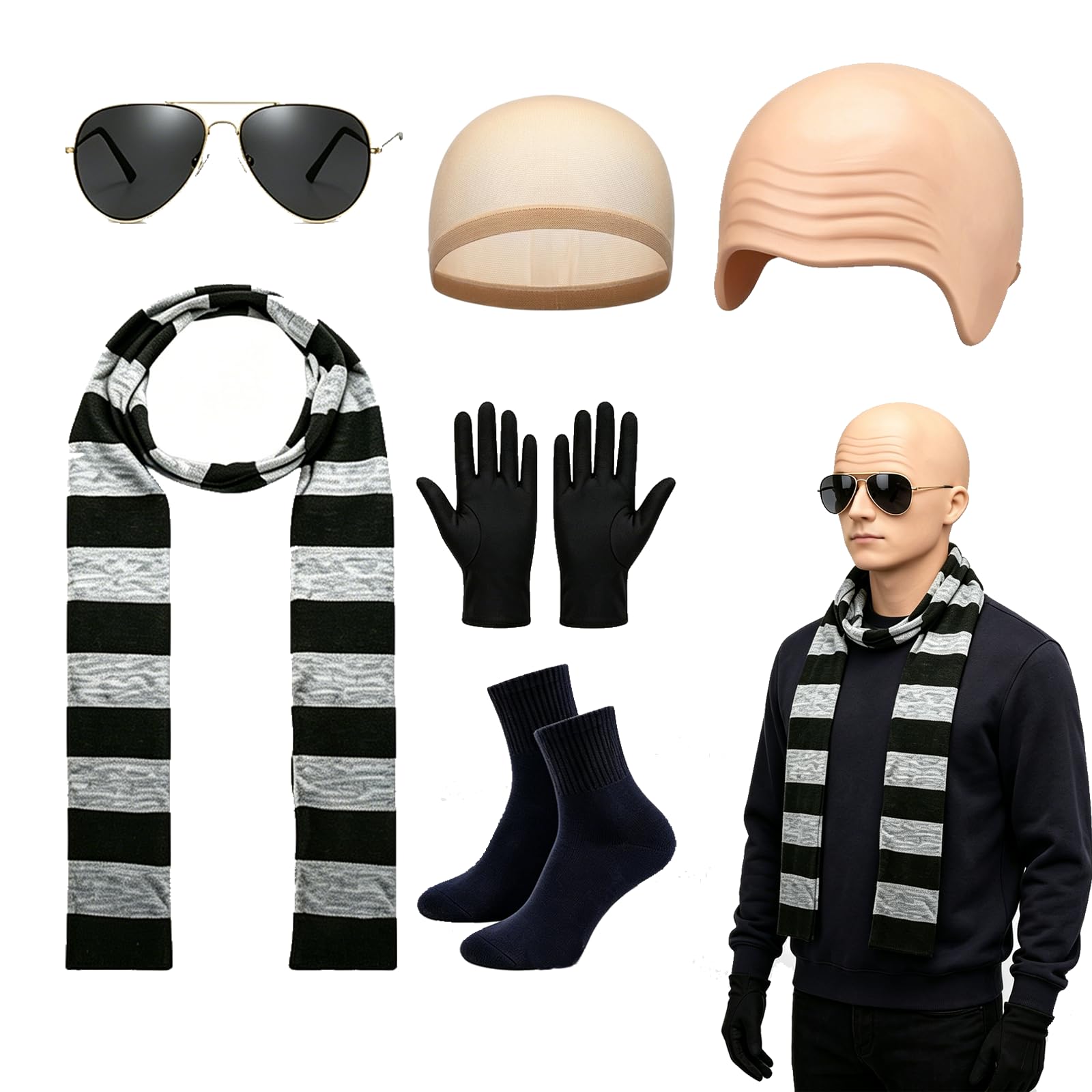 KAZGVN Pitbull Costume, 6-Piece Halloween Costumes with Bald Cap and Accessories, School Book Week Character Dress Up, Including Socks Gloves Scarf Glasses Bald Cap Hair Net,Suitable for ages 15 +