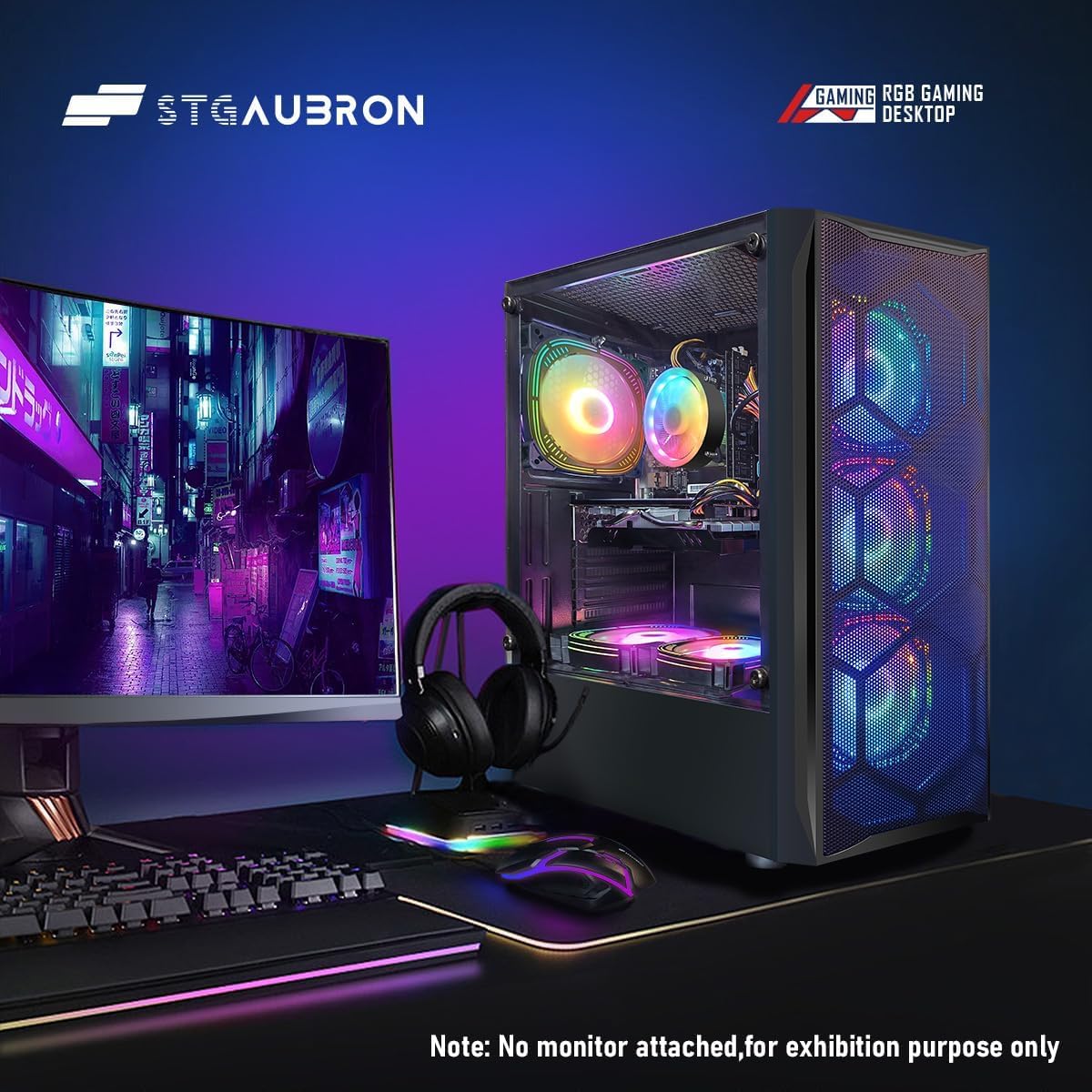 STGAubron Gaming PC Desktop, Intel Core i7 up to 3.9G, Radeon RX 580 8G, 16G RAM, 1T SSD, WiFi, BT 5.0, RGB Fan x6, RGB BT Sound bar & Headphone, Windows 11 Home