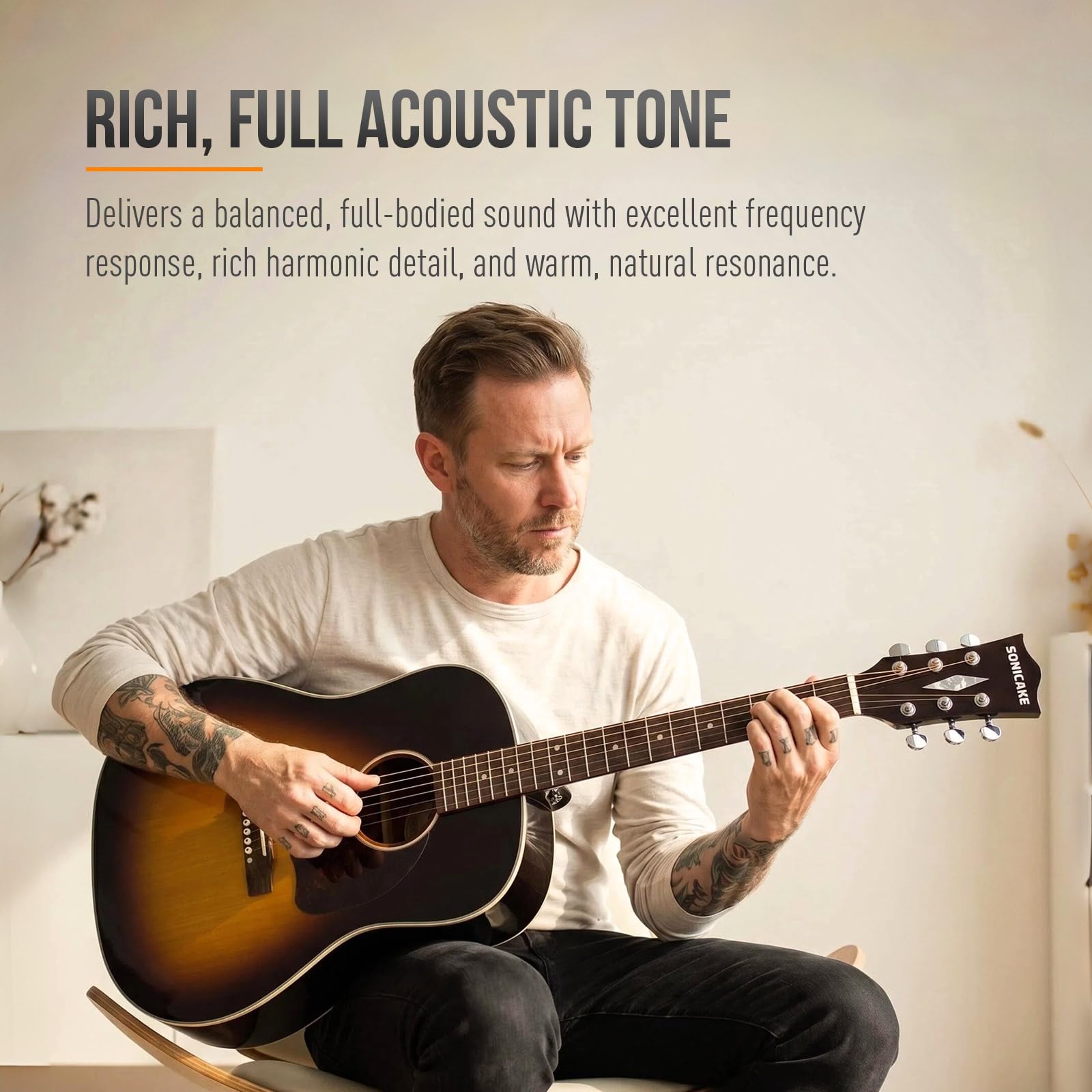 SONICAKE 41" Guitarra Acústica Tapa de Picea Maciza Caoba Acabado Sunburst | Tono Rico y Equilibrado con excelente Proyección Ideal para Principiantes, Directo y Práctica QGT-21