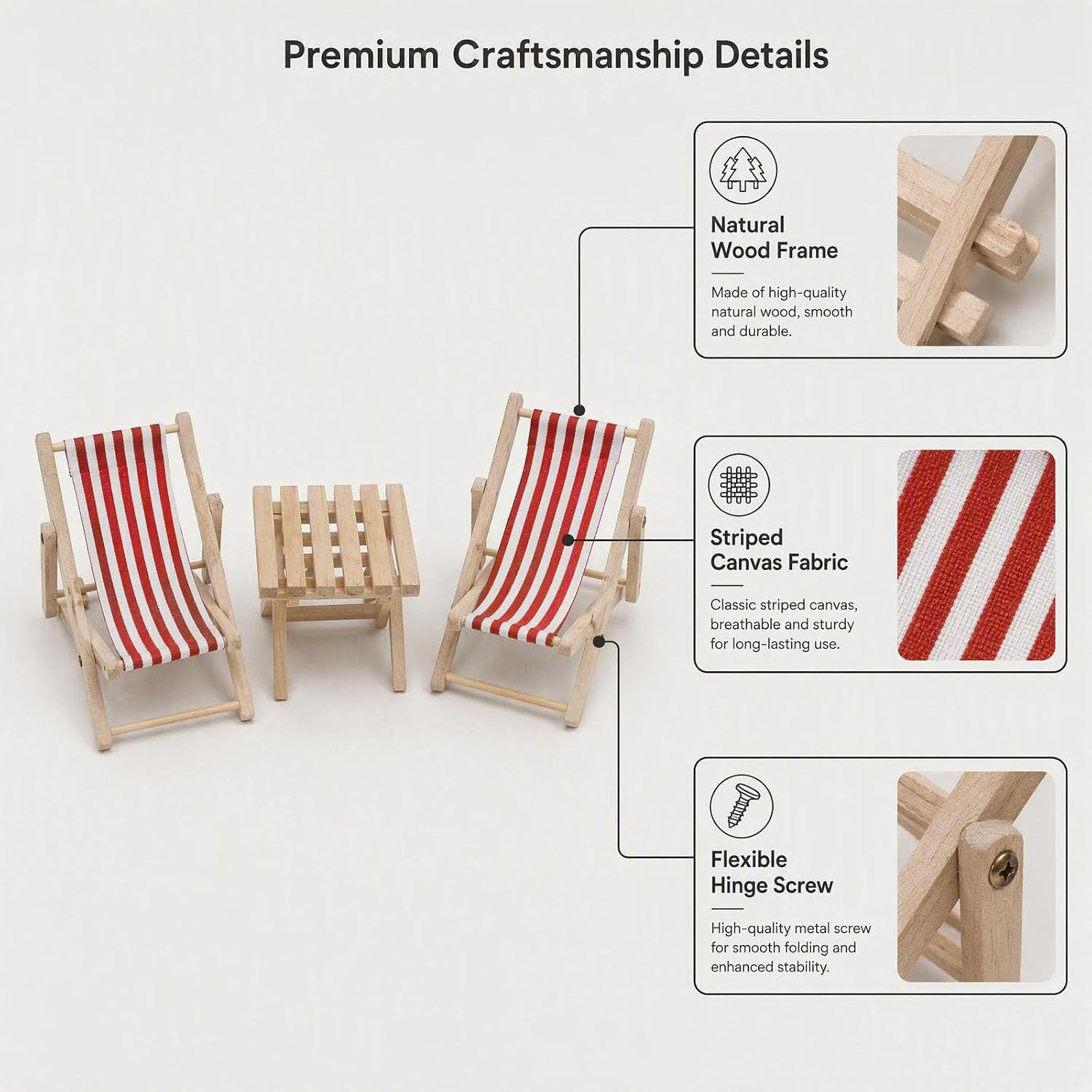 3Pcs Miniature Beach Lounge Chair Table 1:12 Dollhouse Accessories, Red image 2