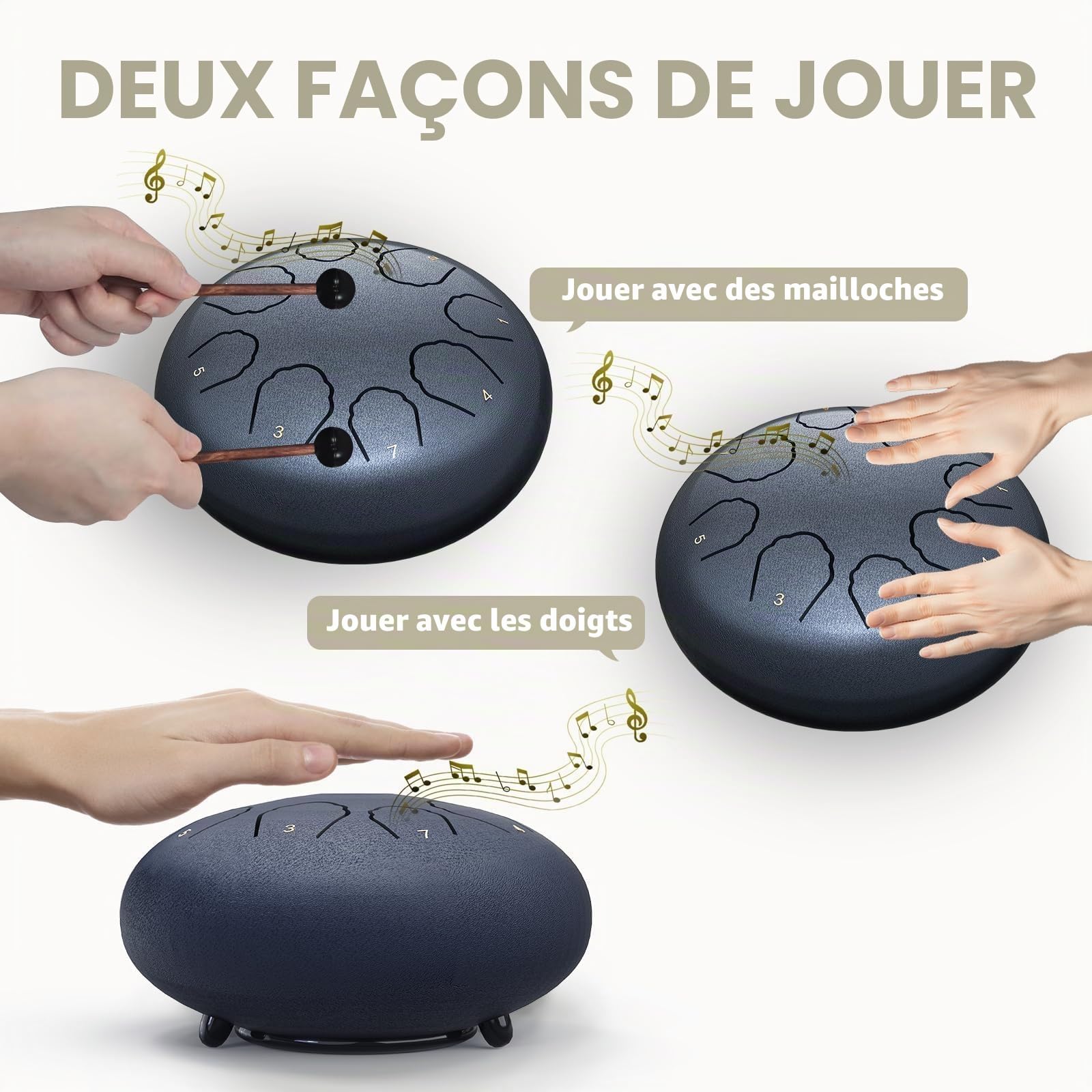 Tambour de pluie pour extérieur, 15,2 cm, 8 tons en acier, Handpan, Steel tongue drum, Convient aux débutants, Comprend une housse de transport, des partitions et des baguettes (Bleu marine, 6 Inch)