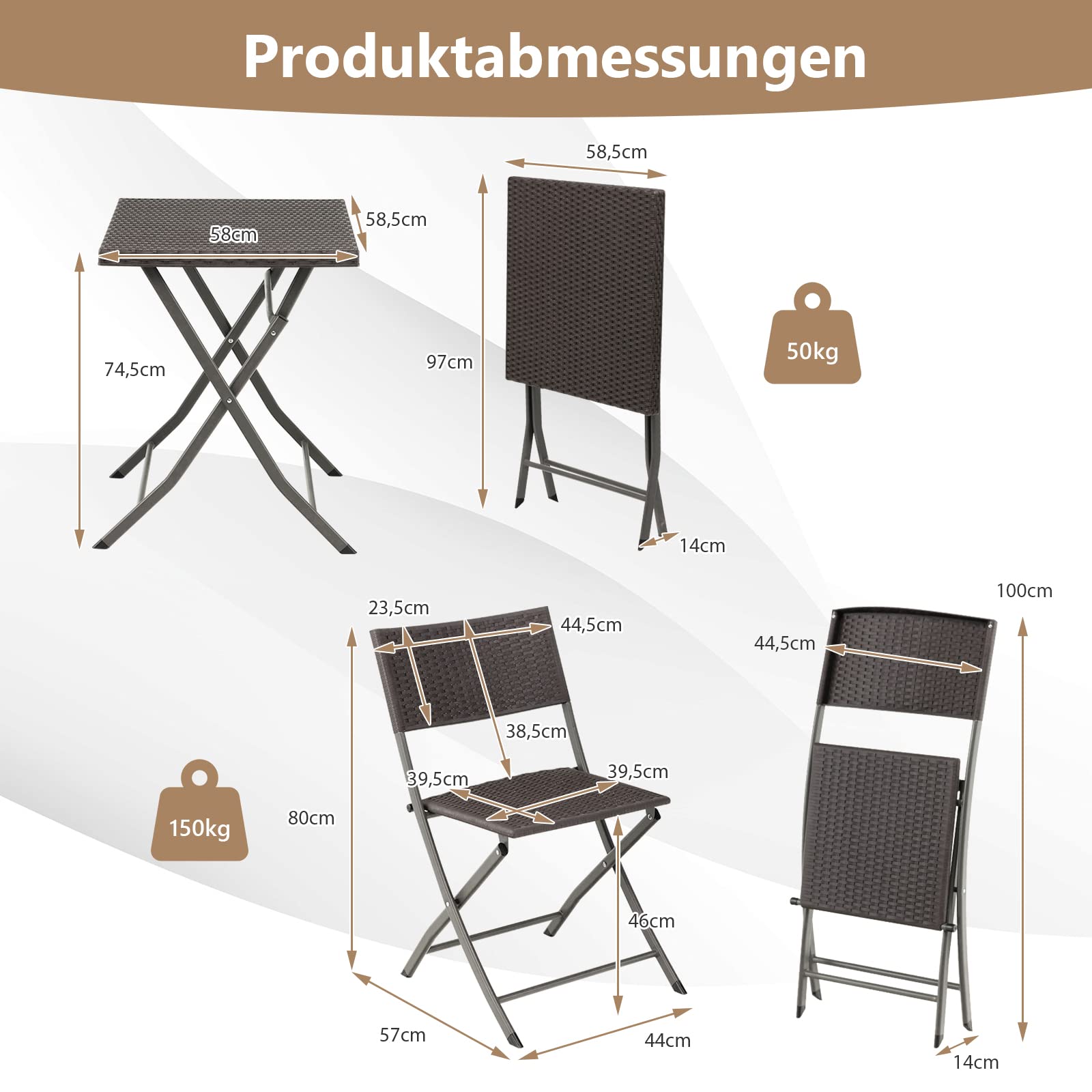 COSTWAY Balkonset Mit Tisch, 2 Klappbaren Stühlen & Sonnenschirm – Gartenmöbel Für Balkon, Terrasse, Pool