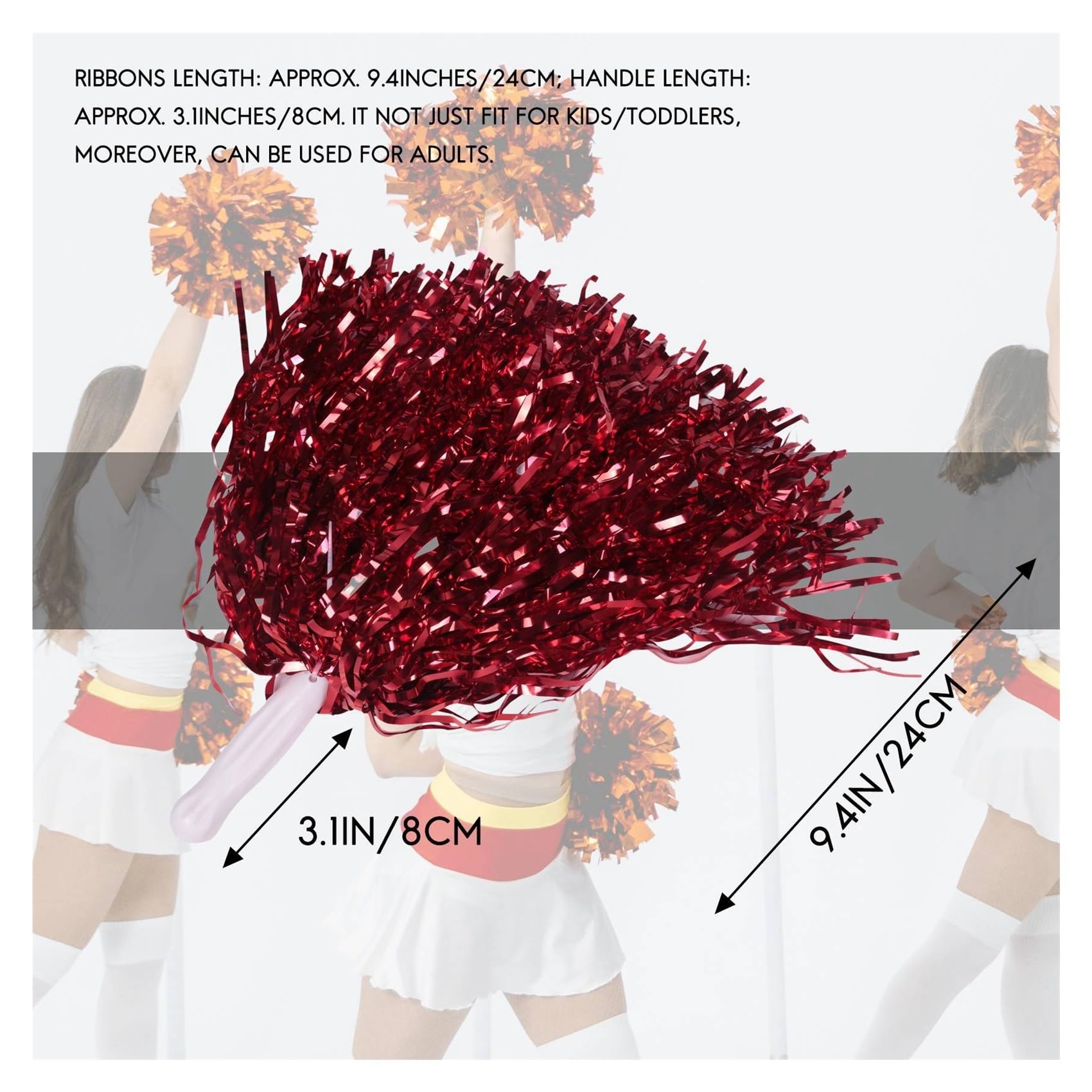 Cheer Leading Poms Lot de 96 pompons pom-pom girl en aluminium métallisé avec poignée plastique
