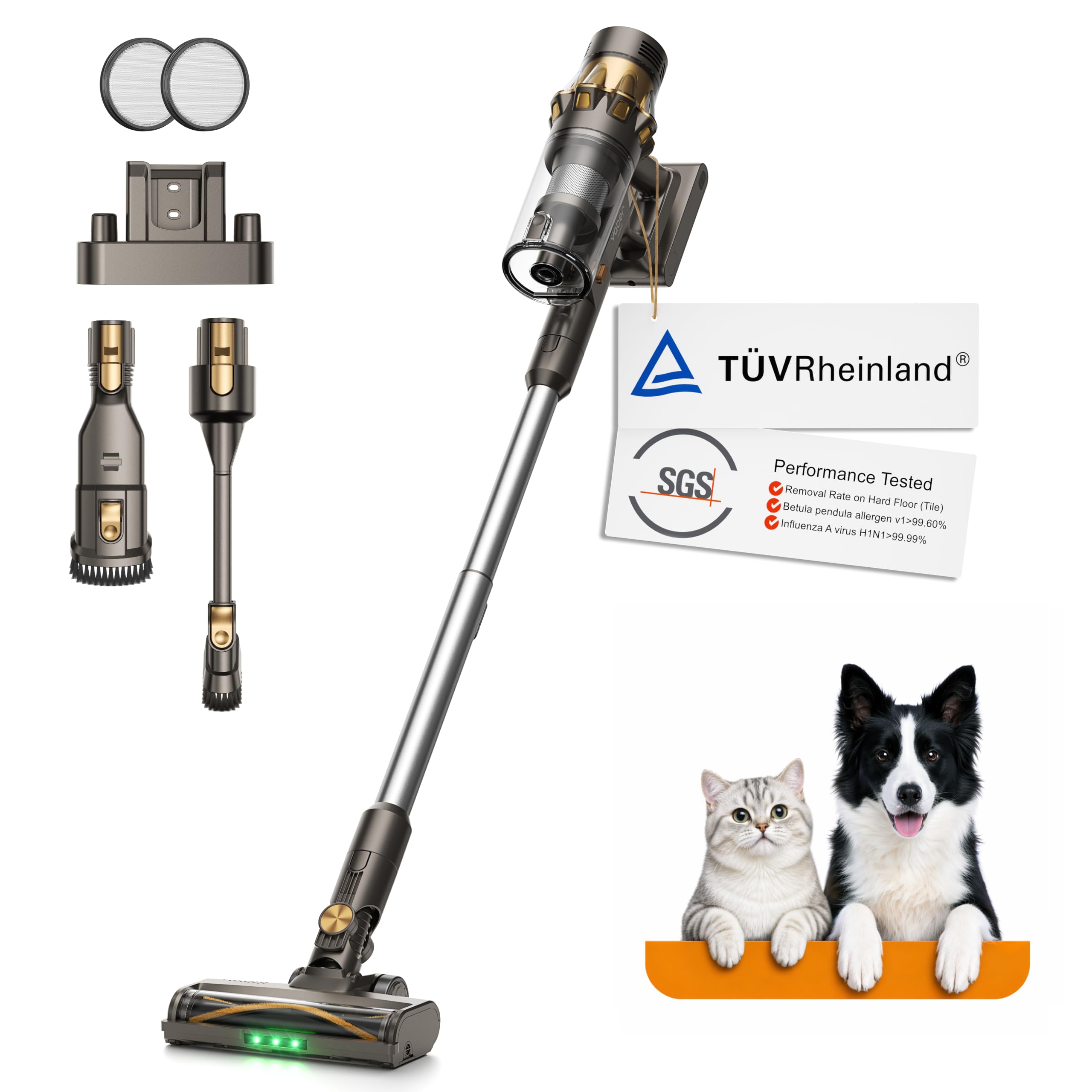 Yaber Home HP20 Akku Staubsauger, 180 AW, TÜV-getestet, grünes LED-Licht, AI-Stauberkennung, Staubsauger kabellos, für Tierhaare, Teppiche, Hartböden & Fugen