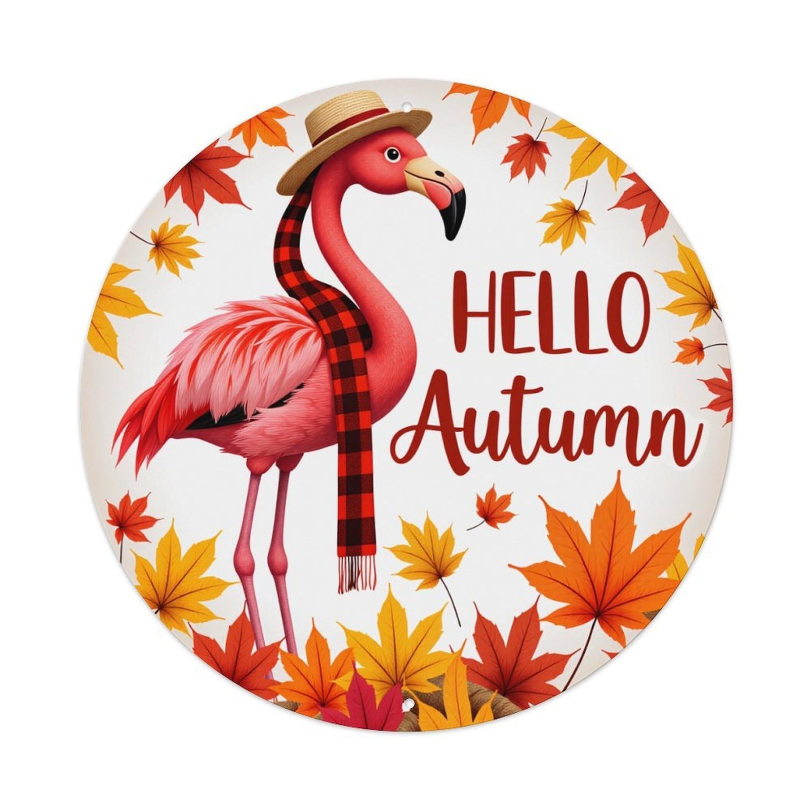 Flamingo Autumn Leaves Hat Scarf Round Tin Sign Vintage Metal Poster, Home Bar Garage Man Cave Cafe Indoor & Outdoor Wall Decoration 8x8Inches
