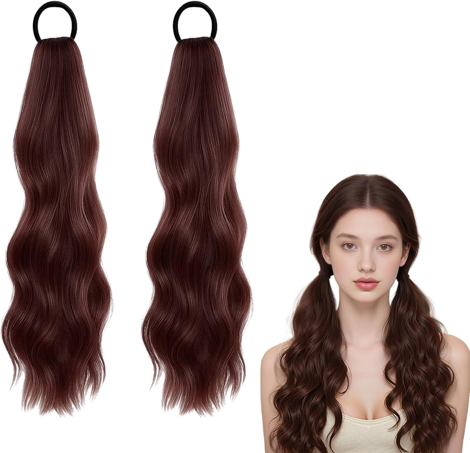 2 Pcs dark brown Wavy Ponytail Extensions, Ponytail Hair Extension, Perfect for Daily Hairstyle and Special Occasions, Clip in Ponytail Hair Extensions for Women-image-1