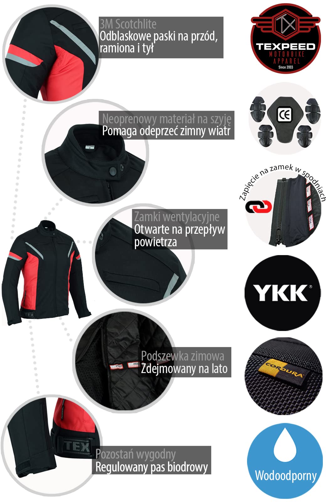 Kurtka motocyklowa damska z pancerzem - 4 sezony/zimowa/Lato motocyklowa Cordura wodoodporna ze zbroją CE ochrona CE (EN 1621-1) - Texpeed - Czarny - Różowy - Czerwony - Purpurowy