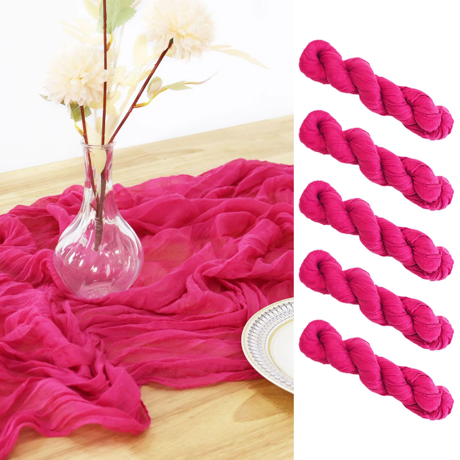 PATYDEST Hot Pink Cheesecloth Table Runner 5 Pack Boho Gauze Table Runner 10FT Rustic Table Runner 120 Inches Long Romantic Cheese Cloth Table Runners
