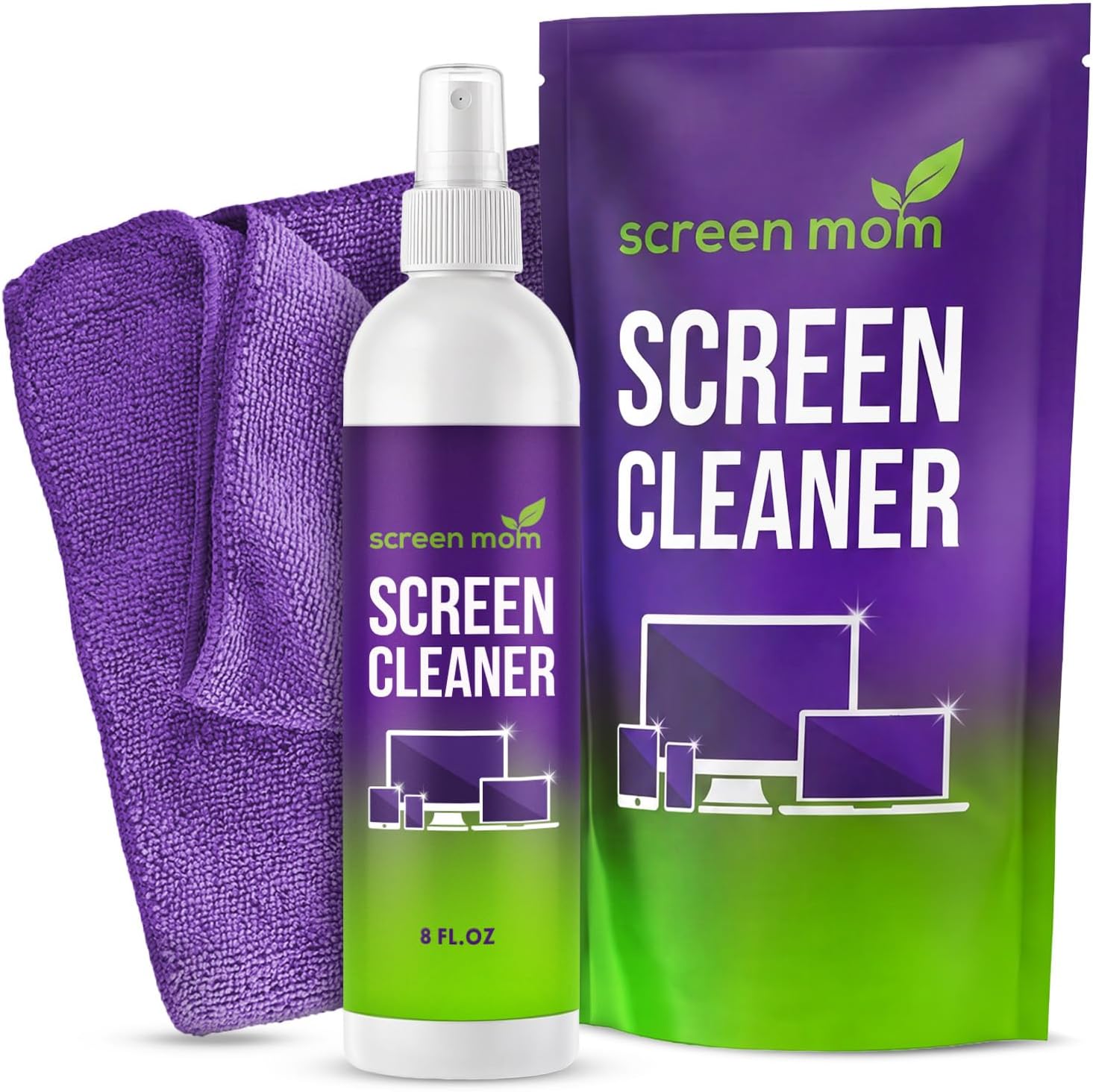 Screen Mom Screen Cleaner Kit - Best for LED & LCD TV, Computer Monitor, Phone, Laptop, and iPad Screens – Includes 8oz (225ml) Spray Bottle and Large Premium Microfiber Cloth | Streak-Free Cleaning, Glass & OLED Safe, Alcohol & Ammonia Free, Scratch-Safe Microfiber Cloth, No Fingerprints & Smudges