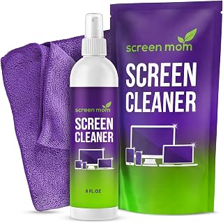 Screen Mom Screen Cleaner Kit - Best for LED & LCD TV, Computer Monitor, Phone, Laptop, and iPad Screens – Includes 8oz (225ml) Spray Bottle and Large Premium Microfiber Cloth
