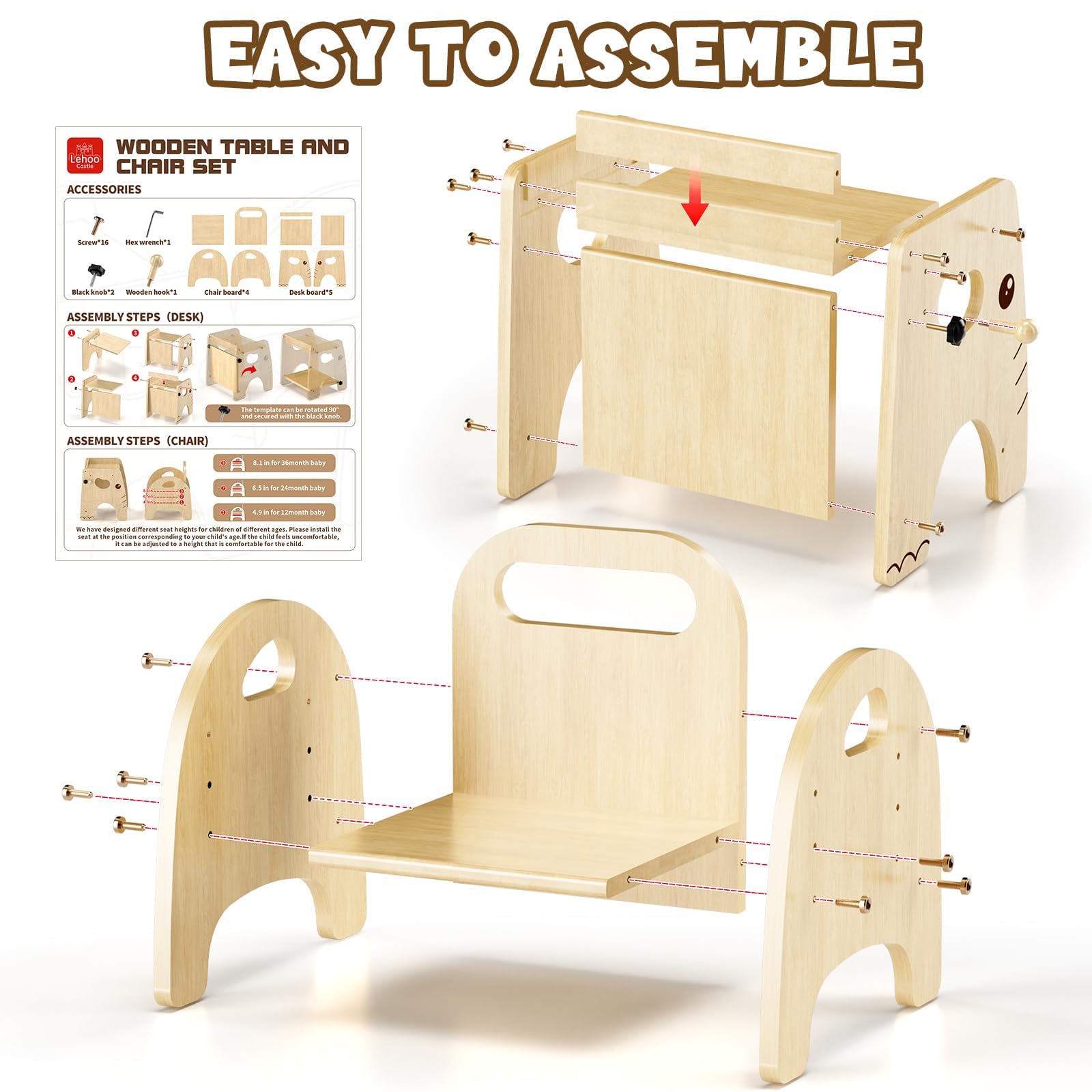 Lehoo Castle Set tavolo e sedia per lo svezzamento Montessori per bambini da 1 a 3 anni | Altezza regolabile, mobili in legno per attività del bambino, auto-alimentazione, disegno, apprendimento e gioco