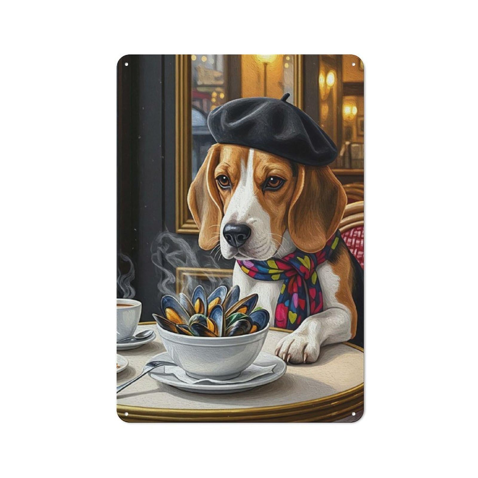 Junmoney Style-21 Metal Wall Sign 30X20cm Featuring Beagle In Paris With Mussels For Living Room Wall, For Metal Sign Collectors, For Garage And Workshop Walls