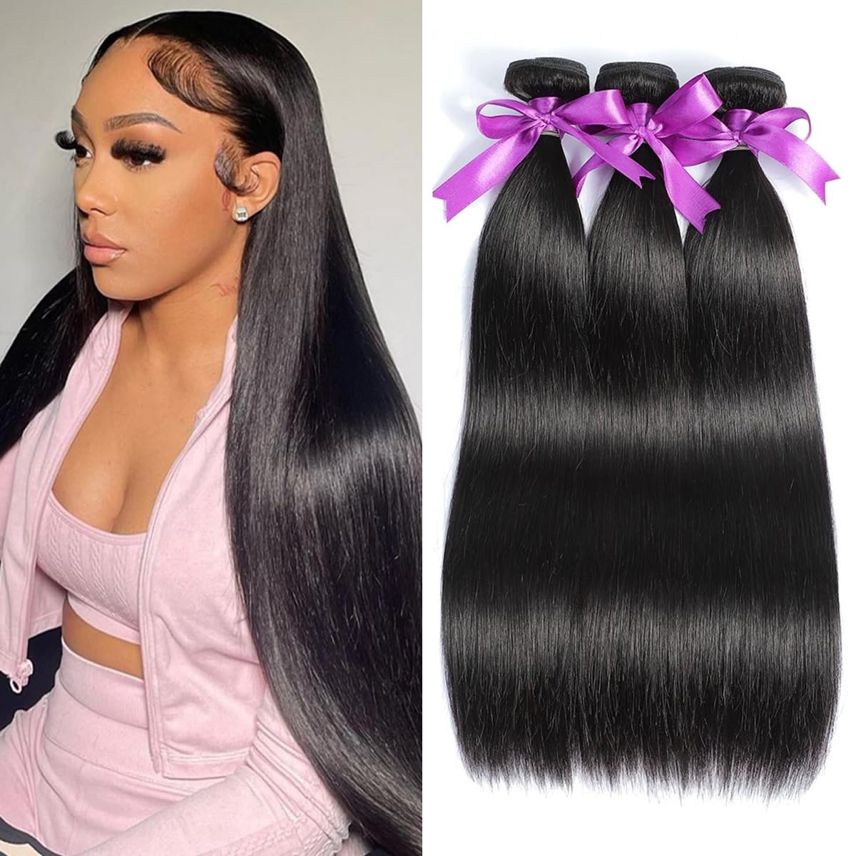 10A Brazilian Virgin Straight Human Hair Weave Bundles 3 Bundles 50g Each 10A Brazilian Straight Hair Bundles - 22 24 26 Inch Virgin  main image 2