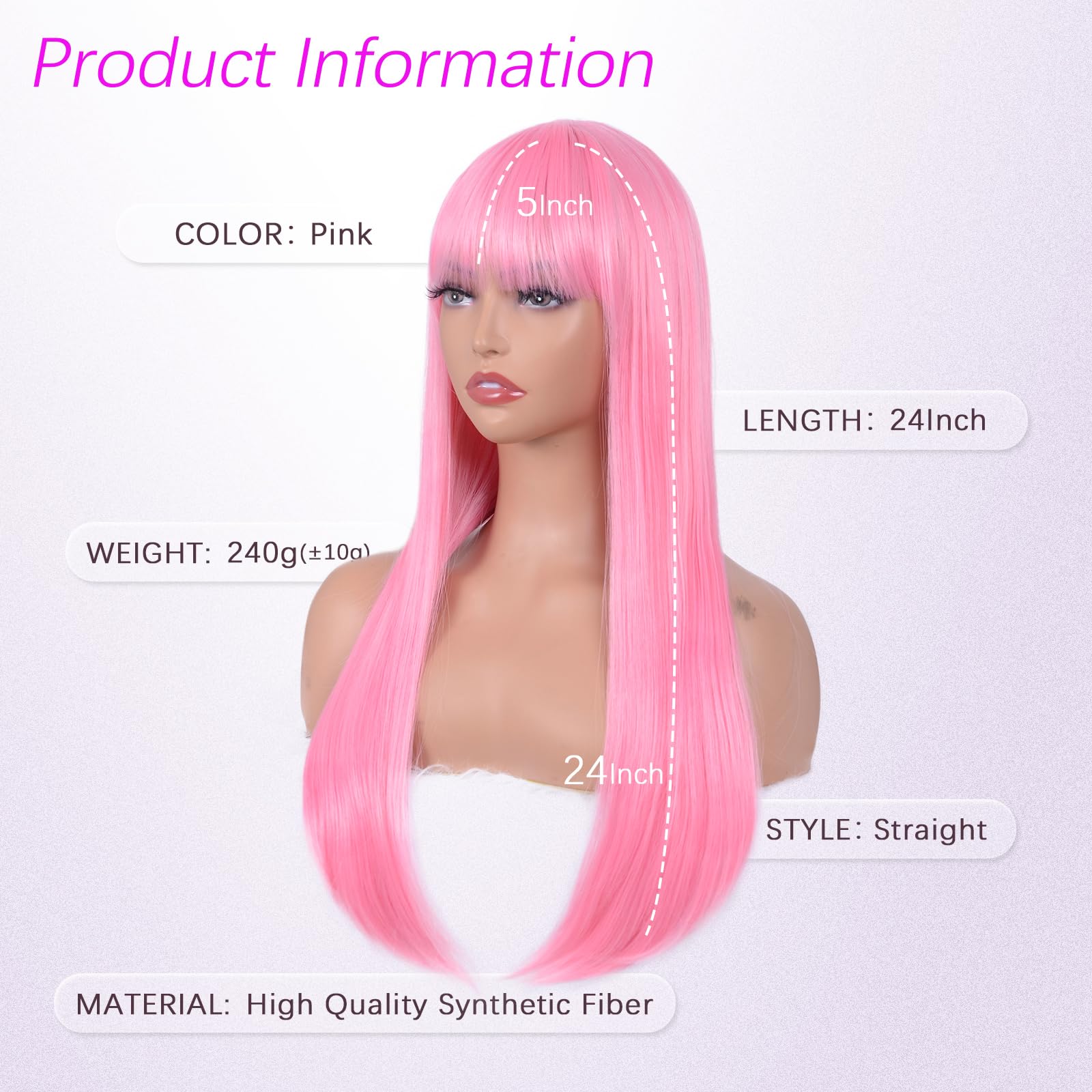Ginger Wig with Bangs for Women – Long Straight Heat Resistant Synthetic Wig for Daily Use, Party, Halloween, Cosplay – 24 Inch Ginger Wigs for Girls: Straight Pink