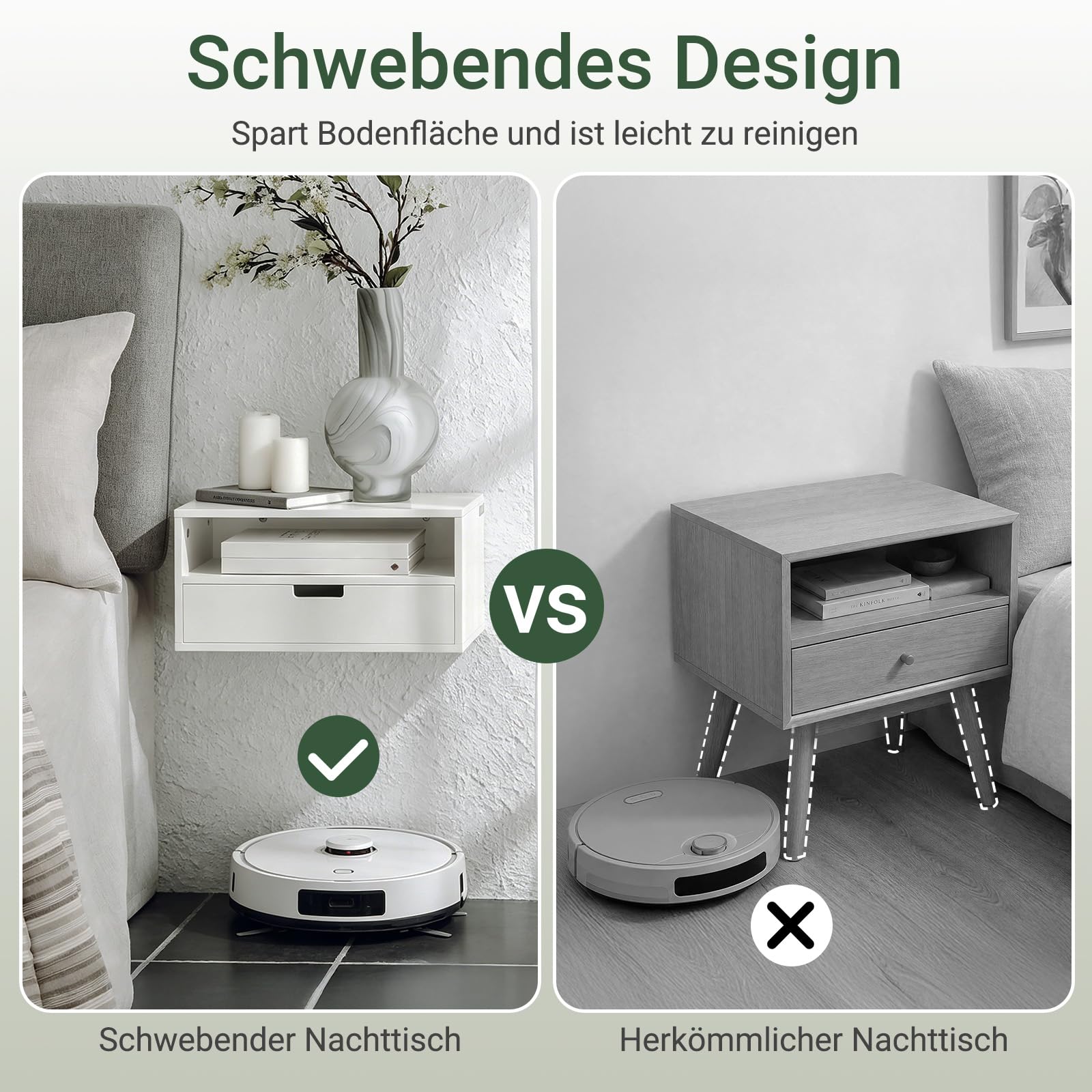 SoBuy hängender Nachttisch mit Schublade 45x25x22cm | 2er Set Wandregal mit offenem Fach, platzsparend für Schlafzimmer und Eingang Weiß NKD03-Wx2