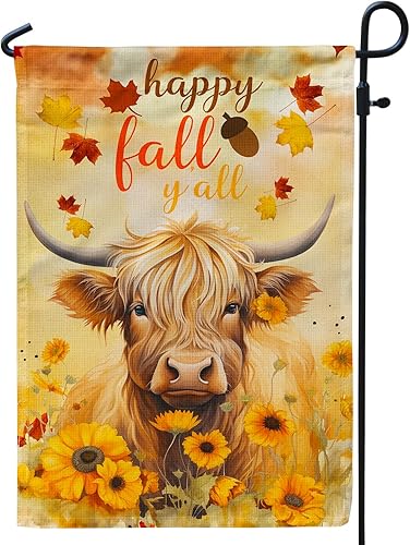 Bandera de jardín de vaca de las tierras altas de Happy Fall Y'all, bandera de temporada de crisantemo de hojas de arce para decoración exterior de