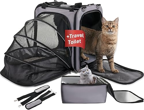 Transportador de viaje grande para gatos con caja de arena para gatos, transportador portátil expandible para gatos con caja de arena plegable a