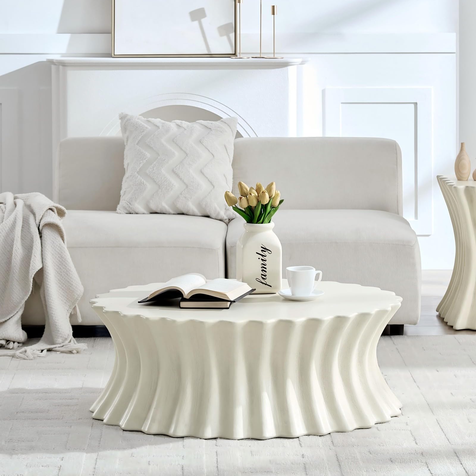 Oval Coffee Table for Living Room Low 35 04 W x12 4 H Imitation Stone Tables Mid Century