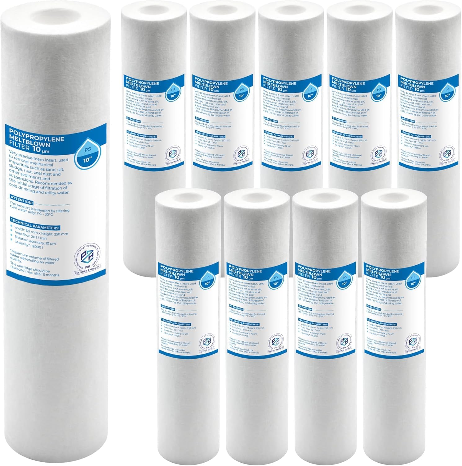 Filtro a Sedimenti in Polipropilene 10" – Set 10 Pezzi, 1µm | Cartucce per Acqua Potabile, rimozione efficace di particelle di sporco e impurità dall’acqua – Durata fino a 6 mesi