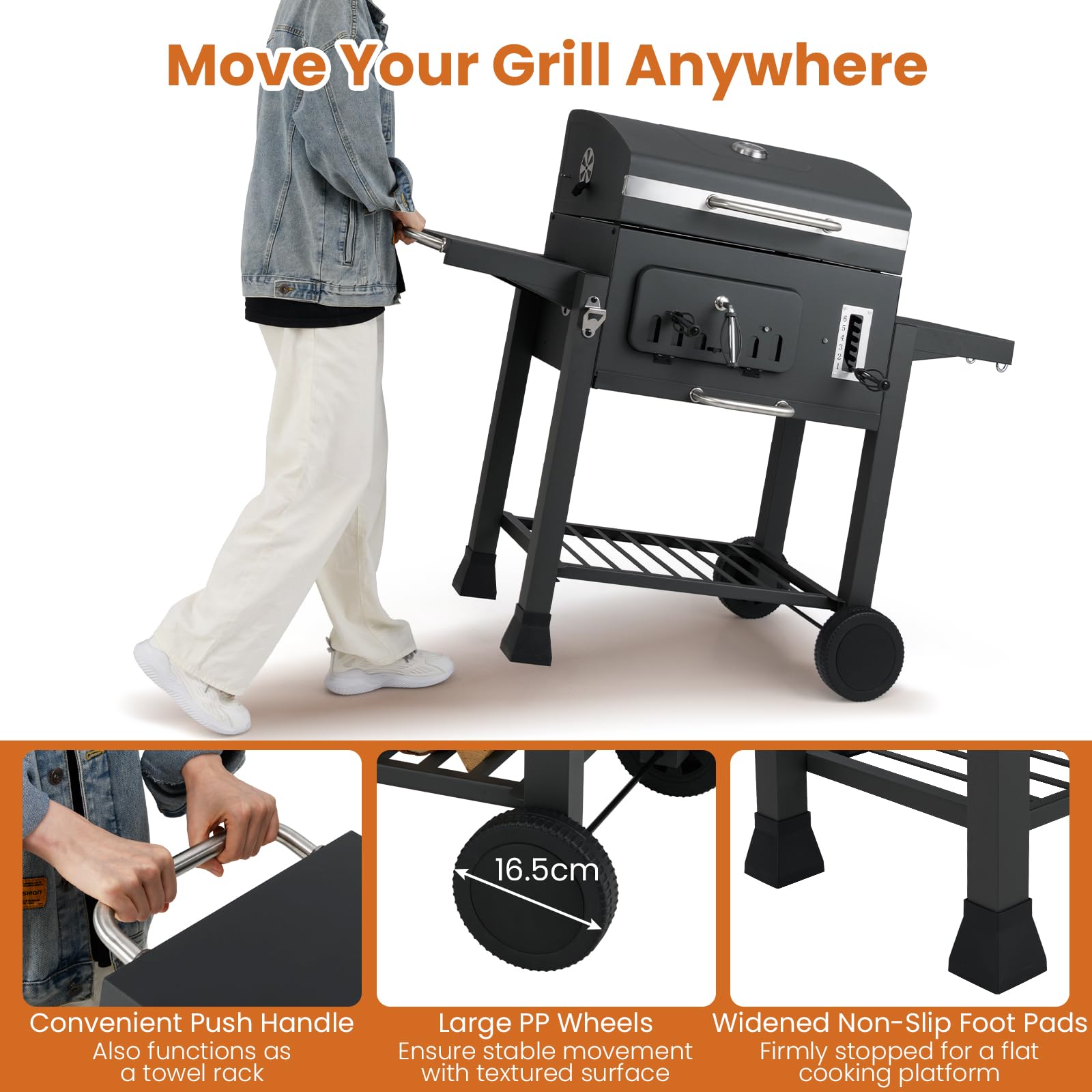 KOMFOTTEU Holzkohlegrill mit 2 klappbaren Seitentischen & Rädern, Grillwagen mit 6-fach-Holzkohlebehälter, Ablagefach, Grillrost, Thermometer, Rauchgrill Standgrill für outdoor