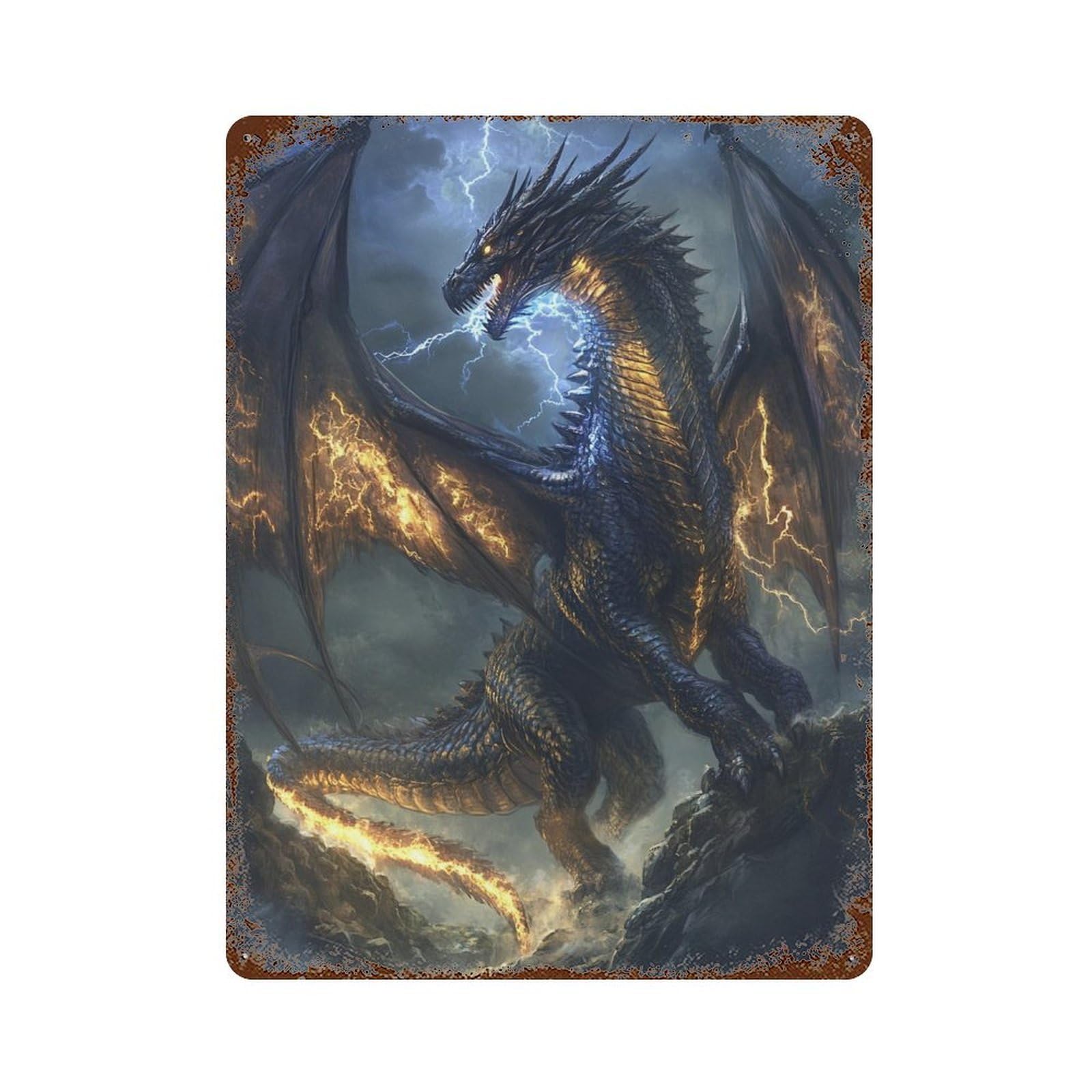 Rustic Tin Plaque with Thundering Dragon Artwork Design 15.7"x11.8", for Pub, Kitchen And Man Cave Decor, Old School Wall Decor