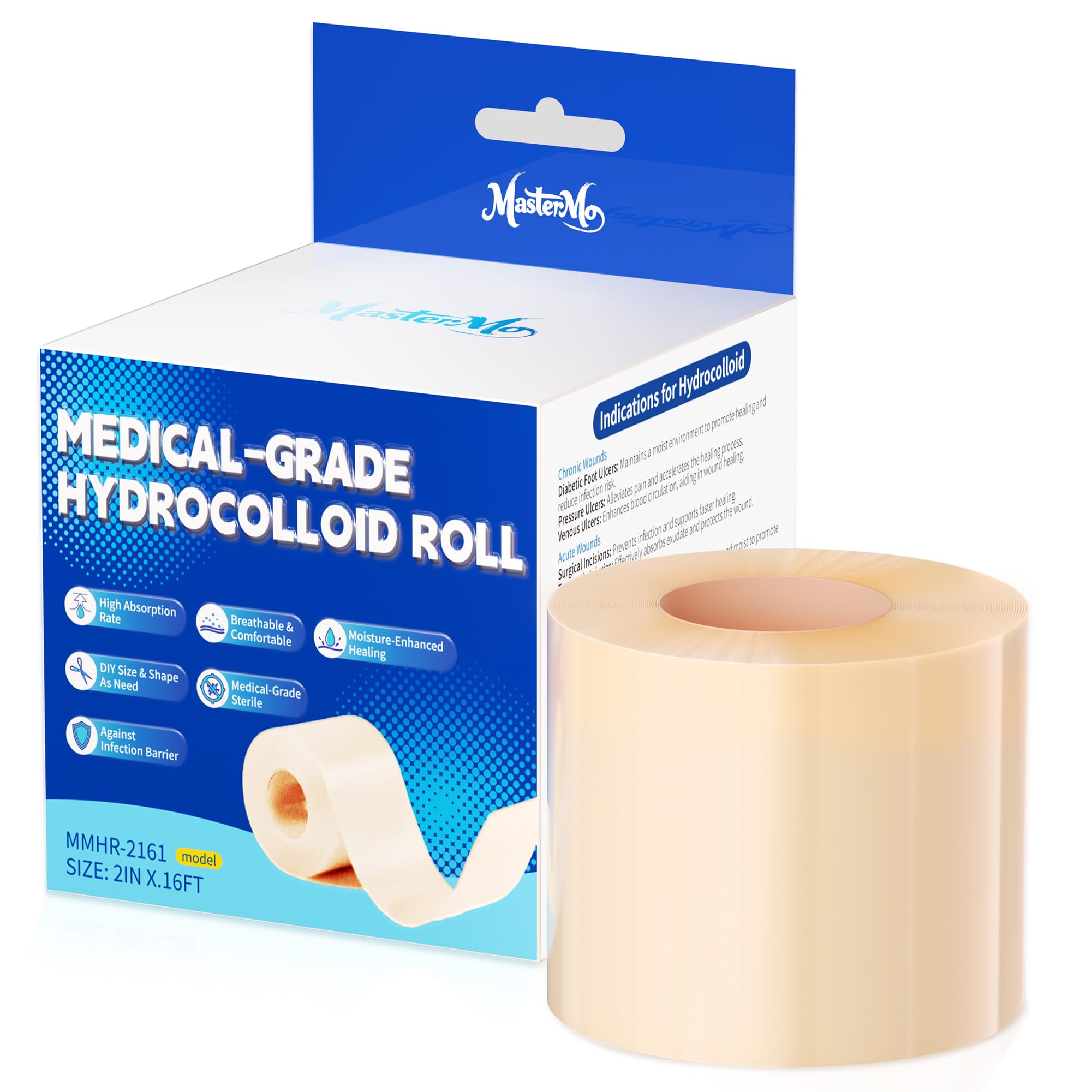 MasterMo Hydrocolloid Roll for Wound Care, 2in x 16ft Medical-Grade Extra Large Hydrocolloid Patch Bandages with Self-Adhesive, Cut-to-Size Ultra Absorbent, Flexible & Waterproof