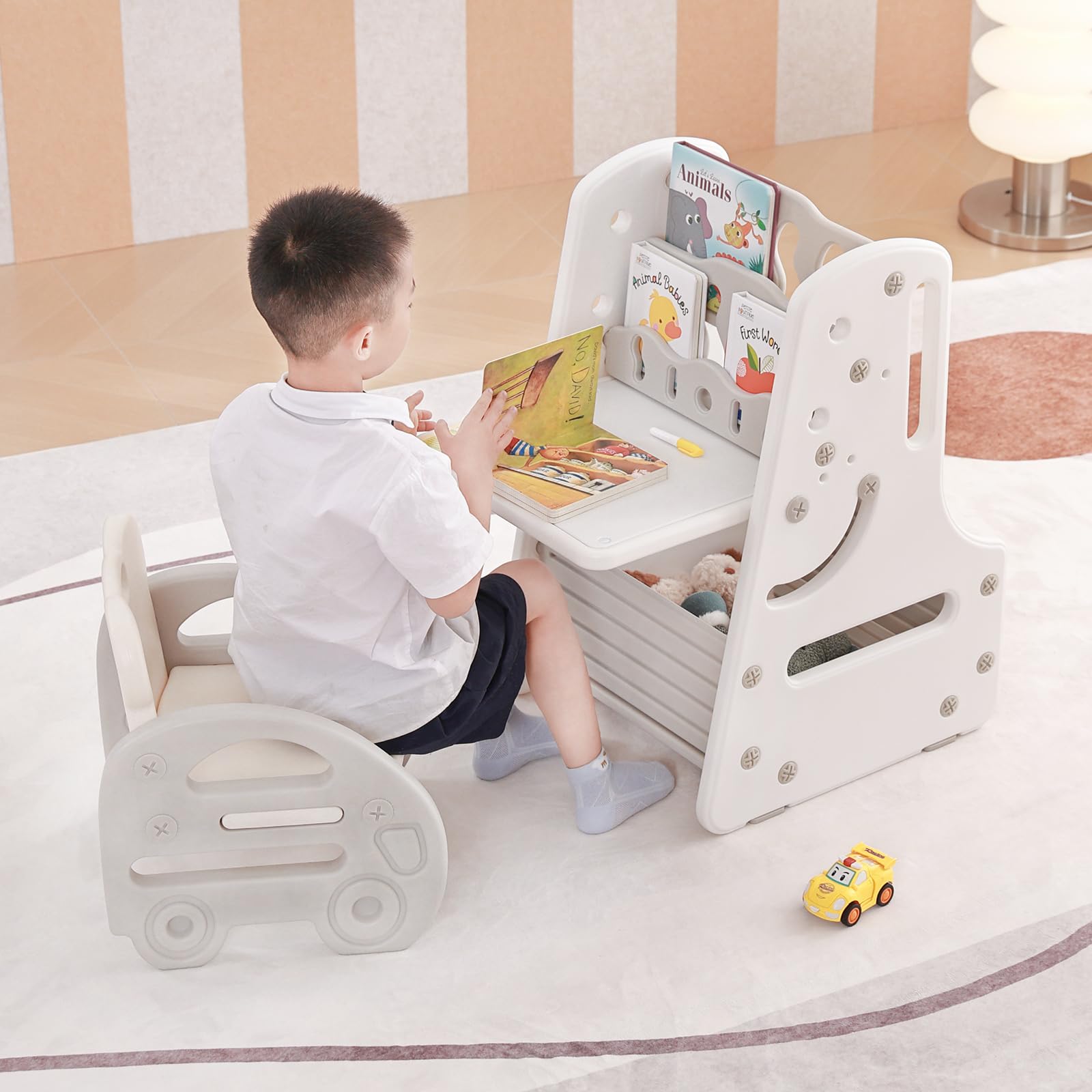 Juego de mesa y silla para niños, caballete de arte convertible 3 en 1 y estantería de exhibición con tablero de pintura magnético, estante de almacenamiento inferior, caballete de pie con 5