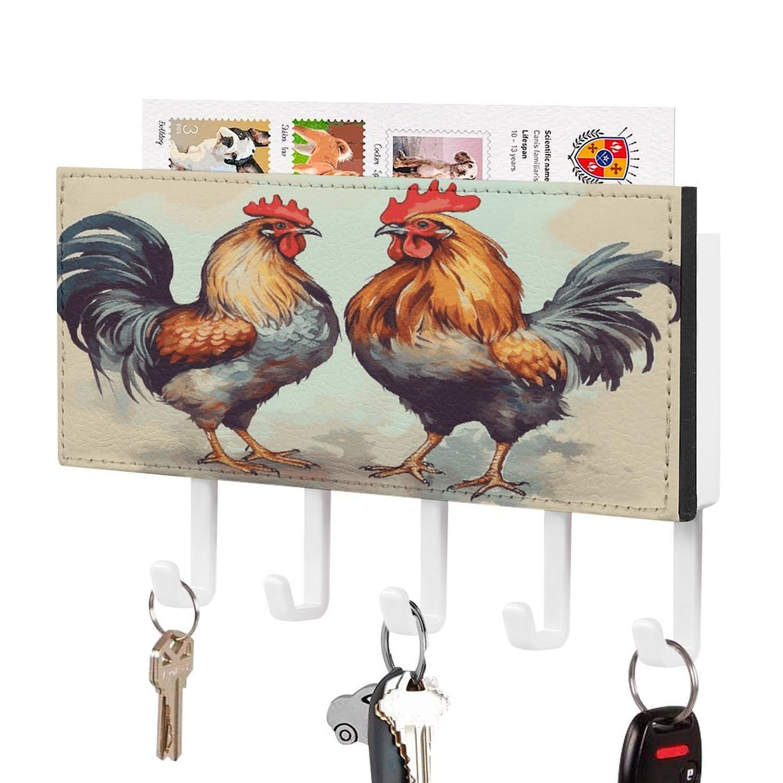 FekiLoot Rooster and Hen Key Holder Wall Mount Decorative Key and Mail Holder Pu Key Rack with 5 Hooks Key Hanger Organizer Decorative Home Decor for Wall for Entryway Office Living Room White-Style