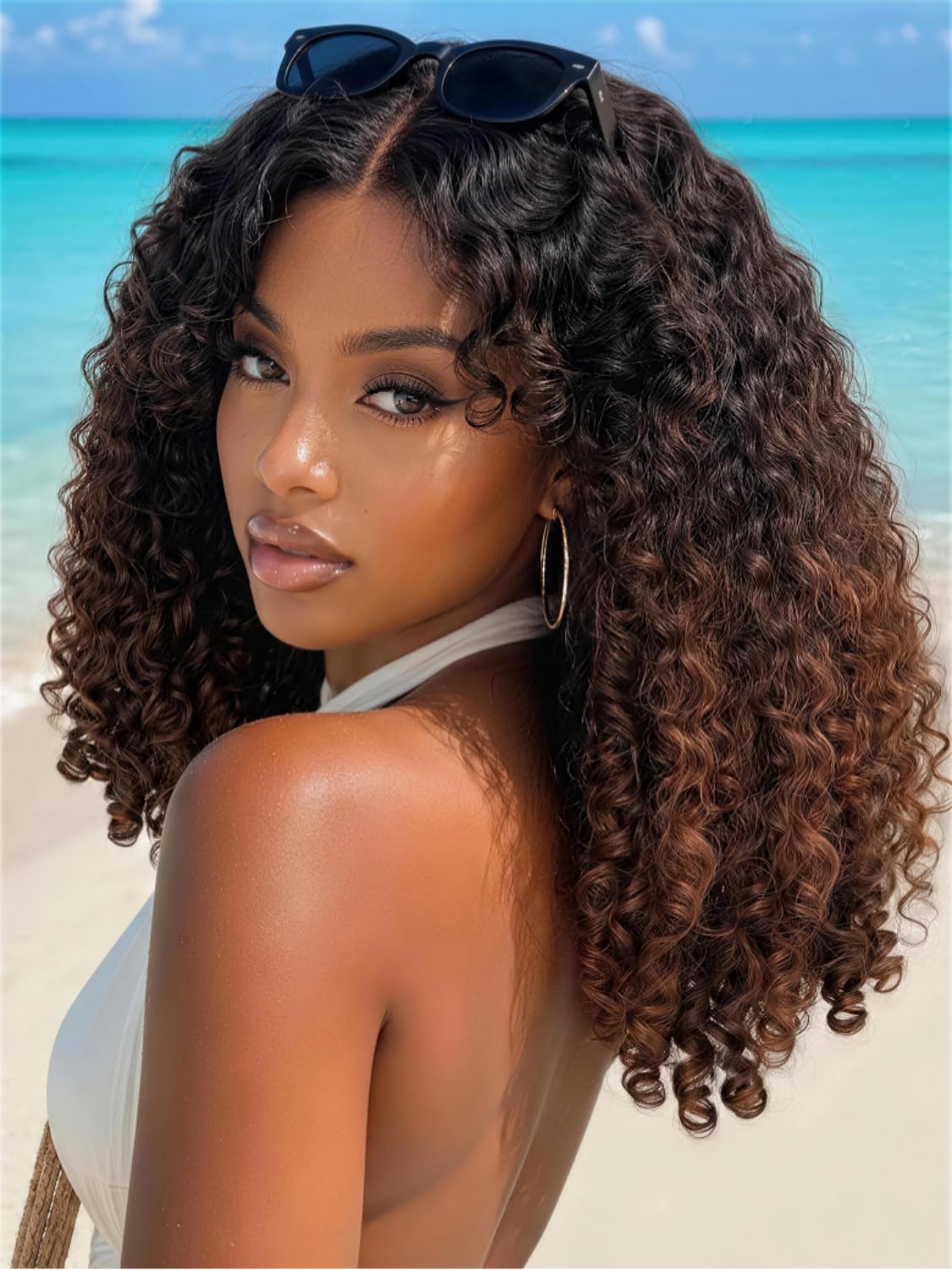 Nadula 7x5 No Slip Chestnut Brown Ombre Burmese Curly Drawstring Wig Human Hair with Finger Coil Ends,Pre Cut Glueless Bye Bye Knots Lace Front Wig Pre Plucked