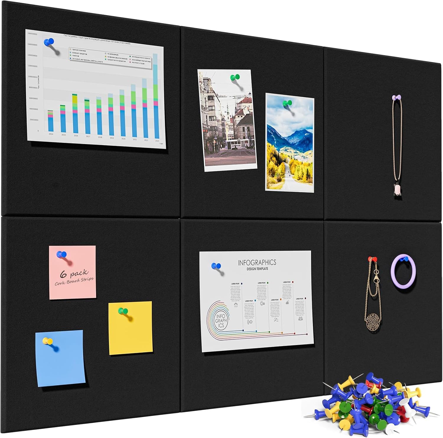 Fennec Mart Large Felt Bulletin Board 30x30cm Self-Adhesive Message Boards with 50 Pushpins, Decorative Felt Wall Tiles for Home, Office & School Notice Display (Black 4 Pcs)