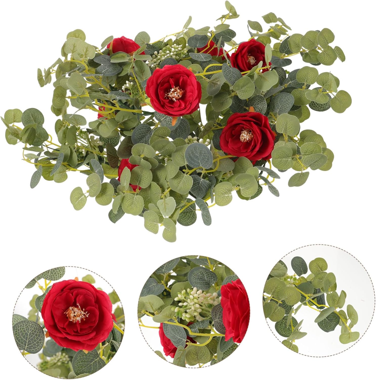 Romantic Red Rose Garland Decor with Eucalyptus Leaves Artificial Flower Wreath for Wall and Door Hanging Valentine S Day Floral Swag for Home and Wedding Decorations