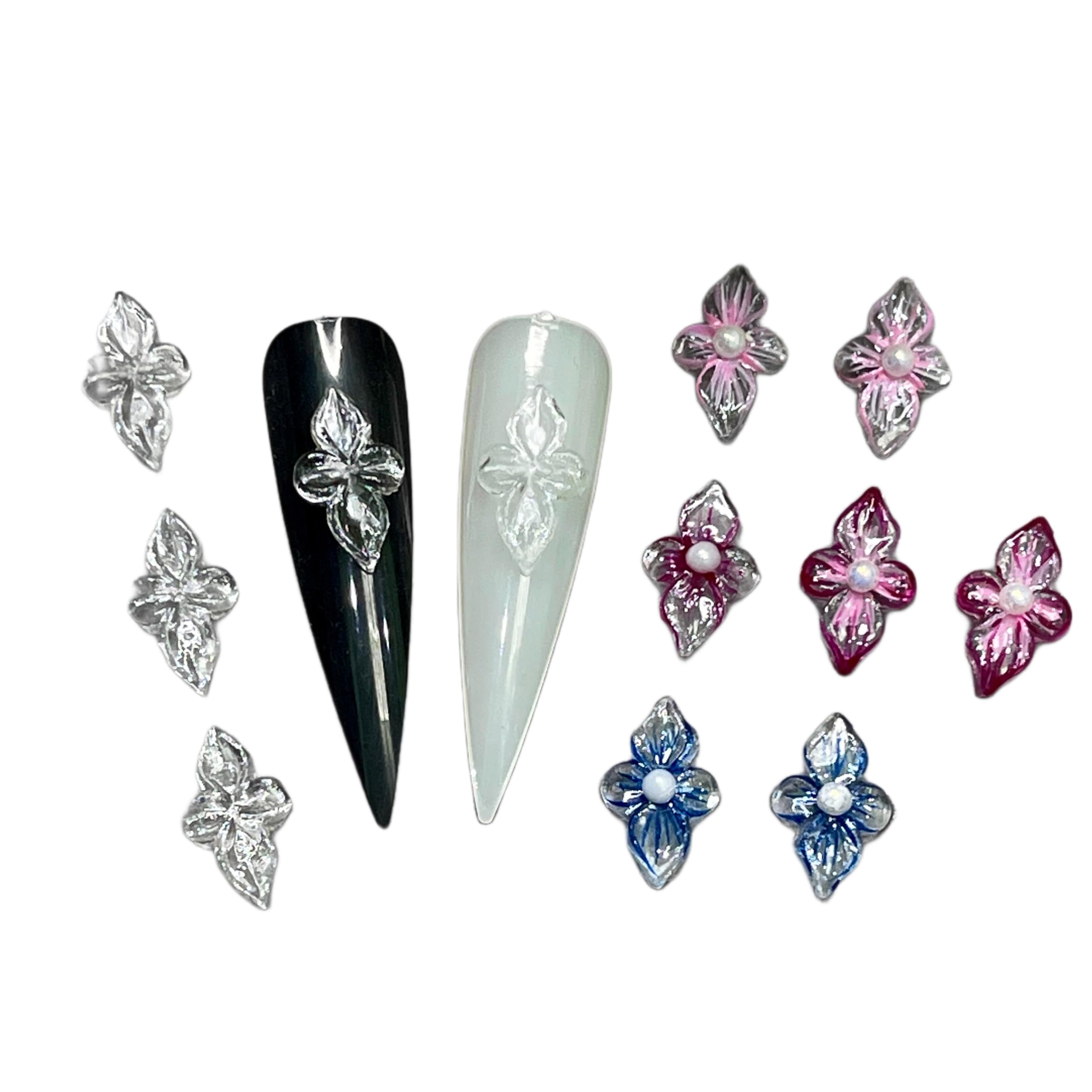 Set 10Pcs Clear Gel 3D Flowers Nails Charms With Rhinestone Gems Handmade by Gel, Design For Medium & Long Nail, 3D Flower Nail Art Floral Salon Decor