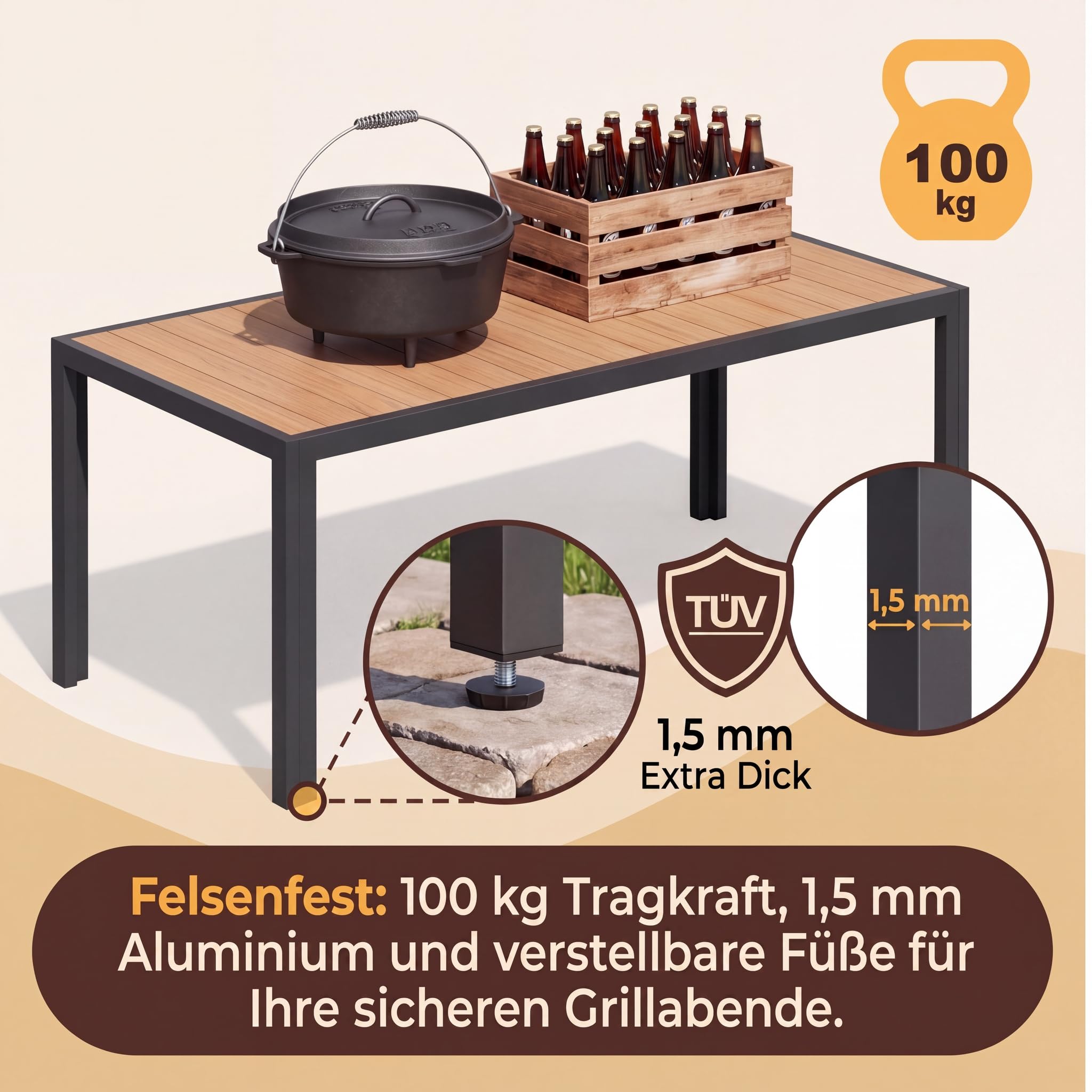 JUMMICO Gartentisch aus Aluminium mit Holzoptik, Wetterfester Outdoor Tisch in 150cm oder 189cm, Stabiler Esstisch für Garten und Terrasse