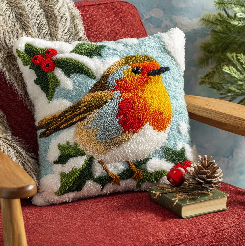 Taxpy DIY Latch Hook Kits 17X17 Inch, Robin Snow Scene Pattern Printed Throw Pillow Case Cushion Cover - Home Decoration Crochet Needlework Crafts with Latch Hook Tool for and Adults