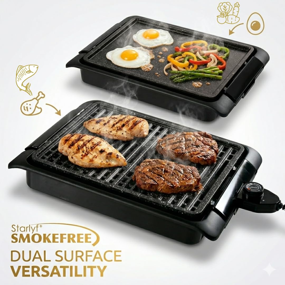 STARLYF Barbacoa eléctrica Smokefree Grill + Plancha - Barbacoa Eléctrica de 1250W, Parrilla Eléctrica Interior sin Humos ni Olores, Superficie Antiadherente y Cocción Uniforme, Color Negro