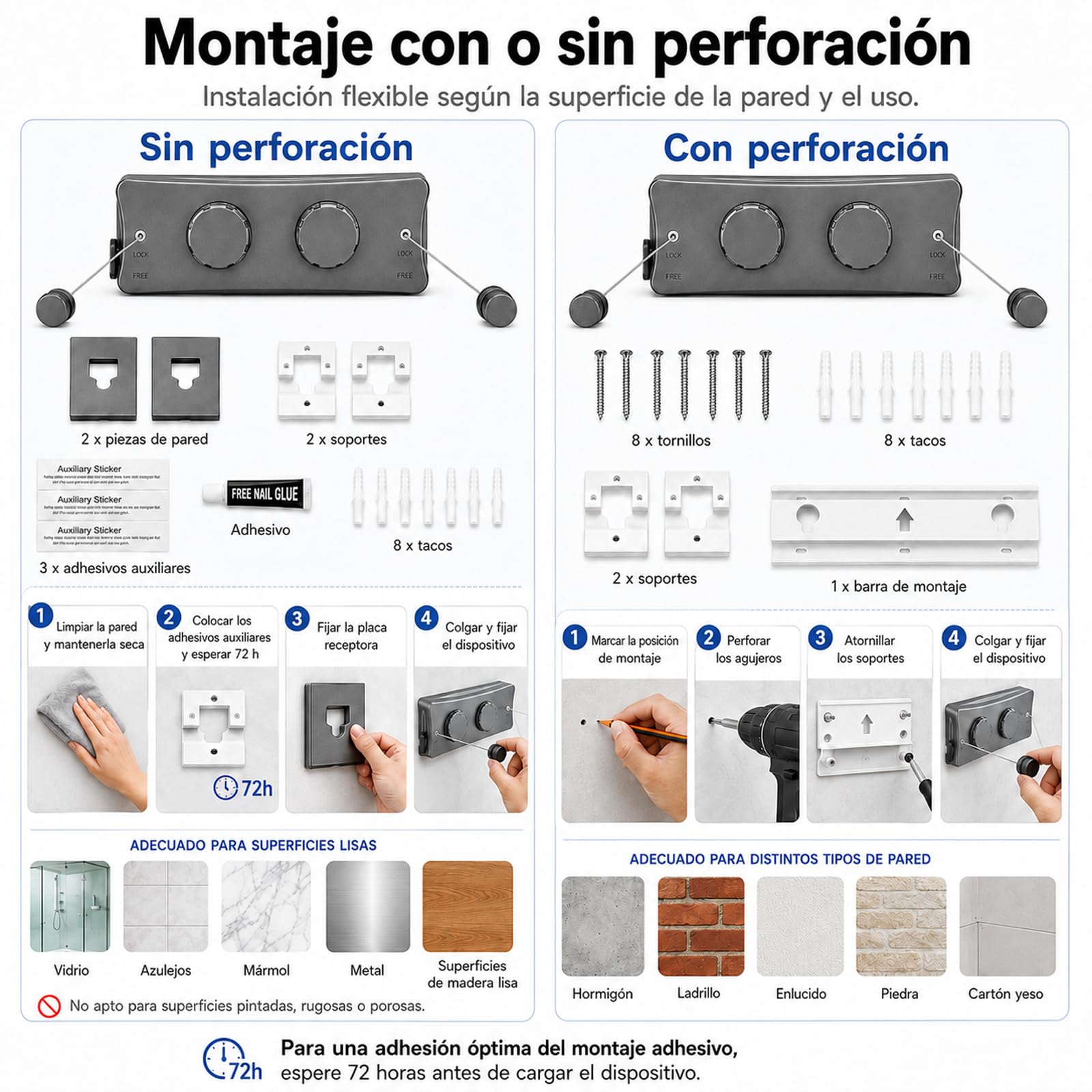 Tendedero Retráctil Doble para Balcón, Cuerda Extensible 5 m, Gris