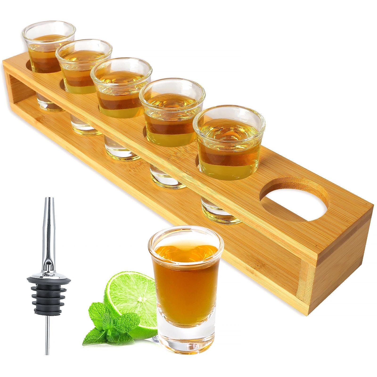 Shot Glasses Set of 6 Shot Glass Tray Holder 1oz/30ml Bulk Glass Shot Glasses Thick Base with Serving Stand Organizer for Tequila Whiskey Brandy Vodka Rum Party Club Bar Home Spirit Tasting Gift