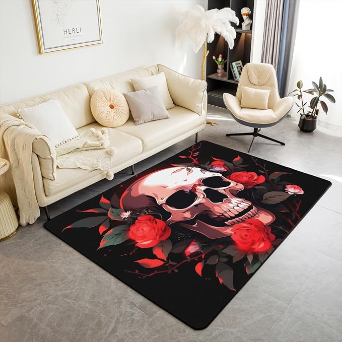 Erosebridal Sugar Skull Area Rug 3x5,Red Rose Carpet Bedroom Decor,Skeleton Bones Floral Indoor Floor Mat,Romantic Aesthetic Decorative Rug for Kids Teens Adult,Red Black