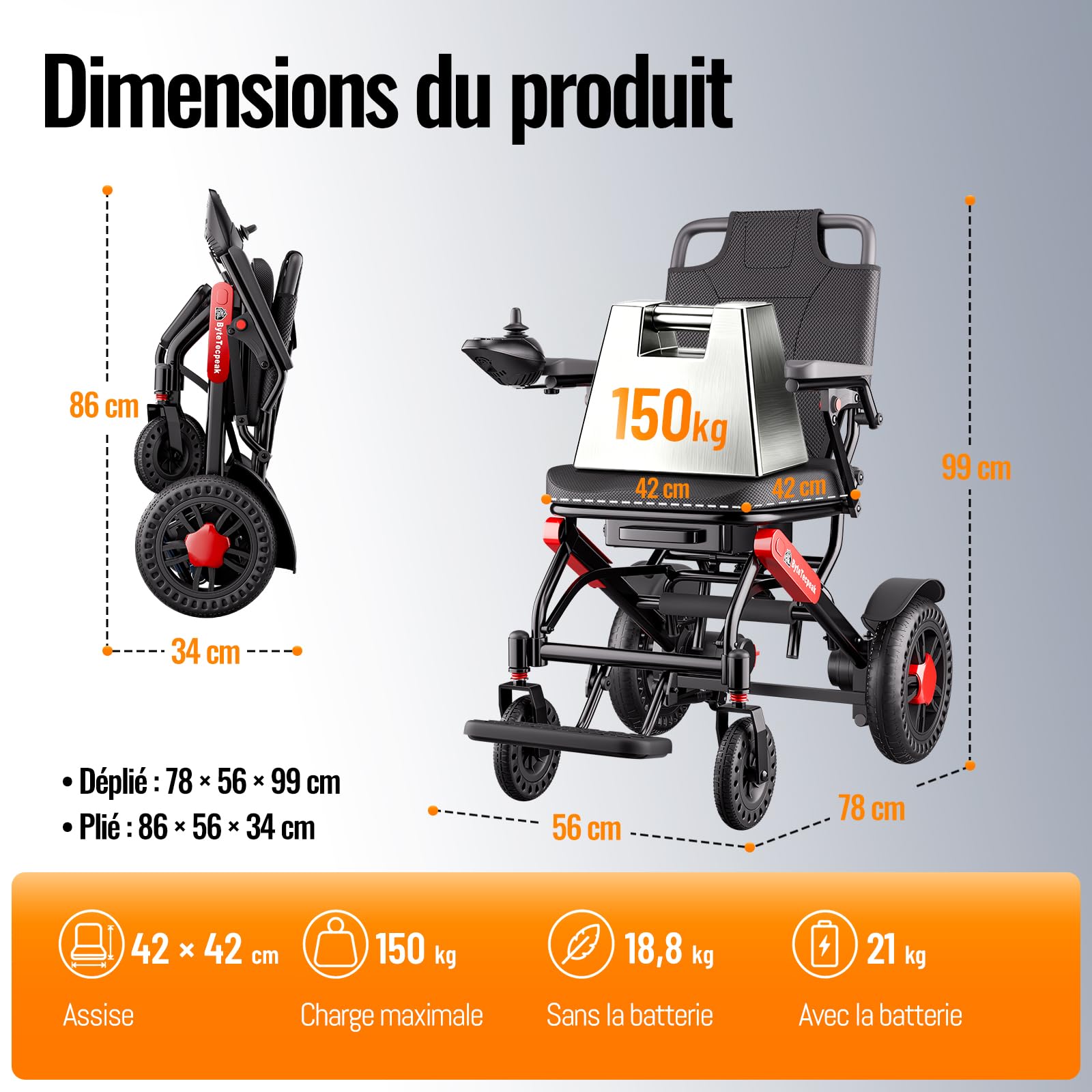 Fauteuil Roulant Électrique Pliable 21kg - Autonomie 25km (Rouge-noir) | 12Ah battery,4-6h fast charge,500W motor,electromagnetic brake,anti-tip,ergonomic seat,manual/electric mode,150kg capacity