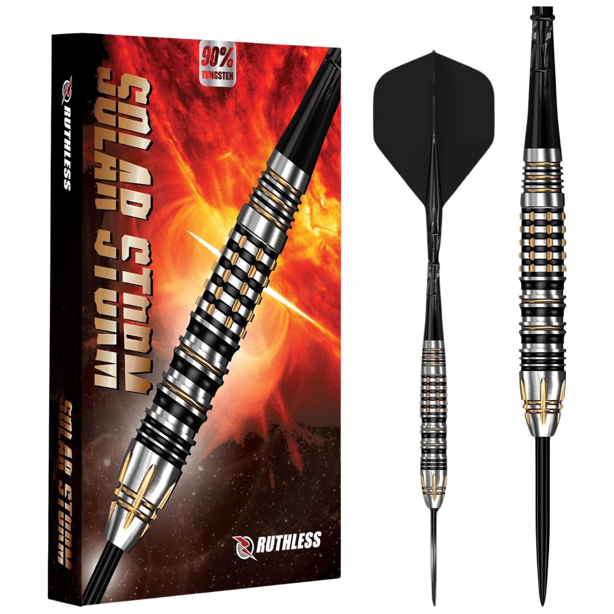 RUTHLESS | Solar Storm | Steel Tip Darts | 90% Tungsten | Moulded Flights & Stems | Precision Machined Barrels | 23g.