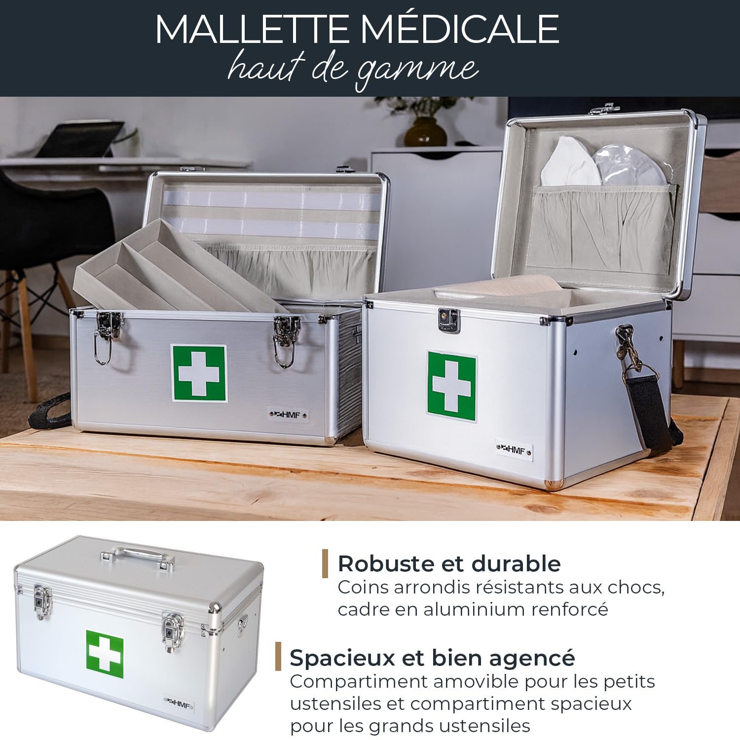HMF Boite pharmacie vide, boite medicaments rangement alu | 40 x 22,5 x 20,5 cm