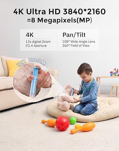 Miniatura 2 de Hugolog Cámara de seguridad 4K con tarjeta SD de 32 GB PRO para interiores, panorámicainclinación, procesamiento de sonido AI, ideal para monitor de